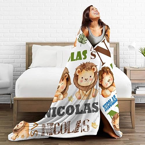 Miniatura 4 de Mantas personalizadas de león para niños y niñas, manta de felpa personalizada con nombre, forro polar suave, cálido y acogedor, regalos de