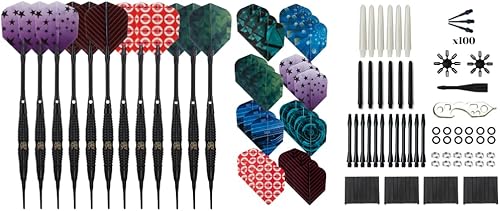 Miniatura 6 de Shot Taker Co. - Juego de dardos de punta suave, 12 piezas con 100 puntas de dardos adicionales, 24 protectores de vuelo y llave para tablero de