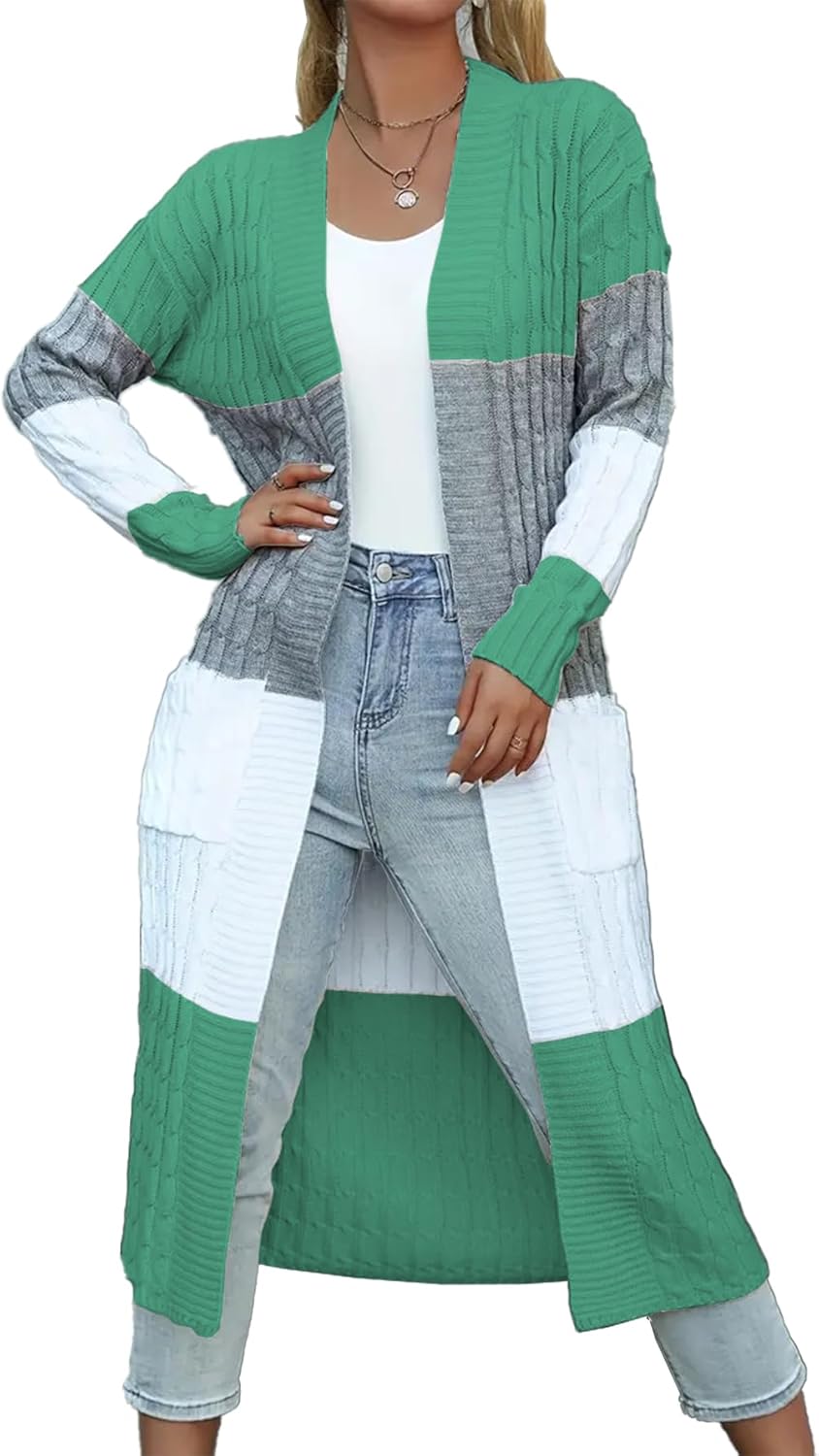 Womens Color Block Cardigan Sweater Long Duster Open Front Sweater in Chunky Cable Knit Plus Size Cardigan