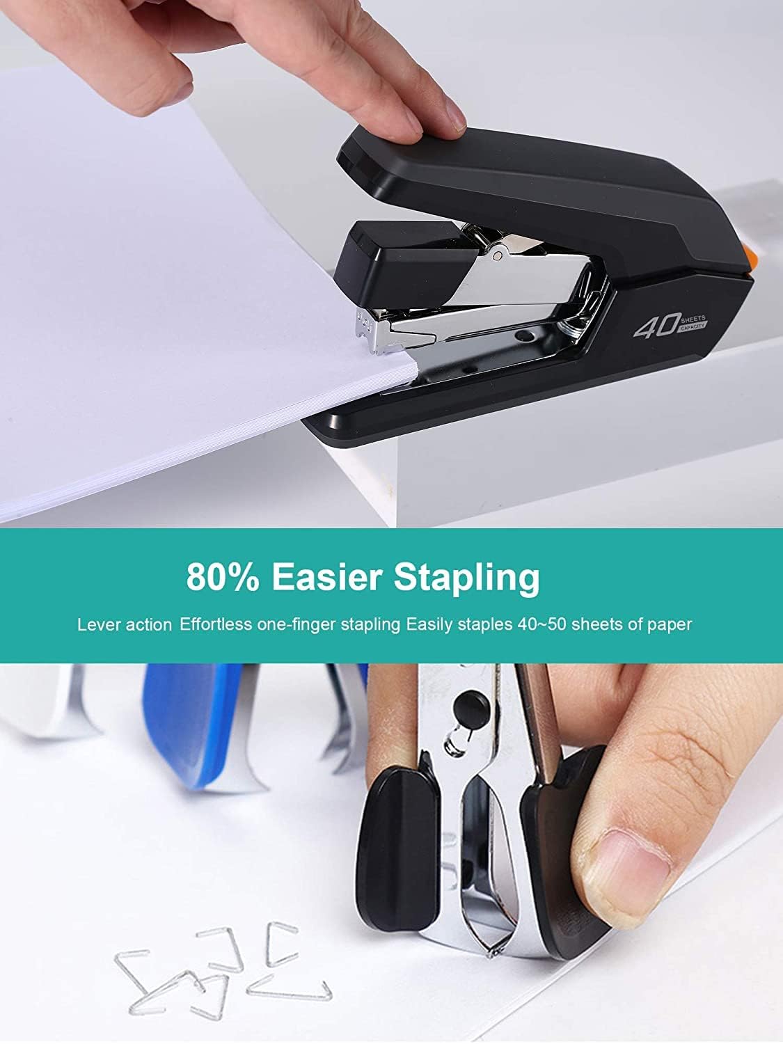 Effortless Desktop Stapler, 40-50 Sheet Capacity, One Finger Touch Stapling, Easy to Load Ergonomic Heavy Duty Stapler, Includes 1500 Staples and Staple Remover (Black)