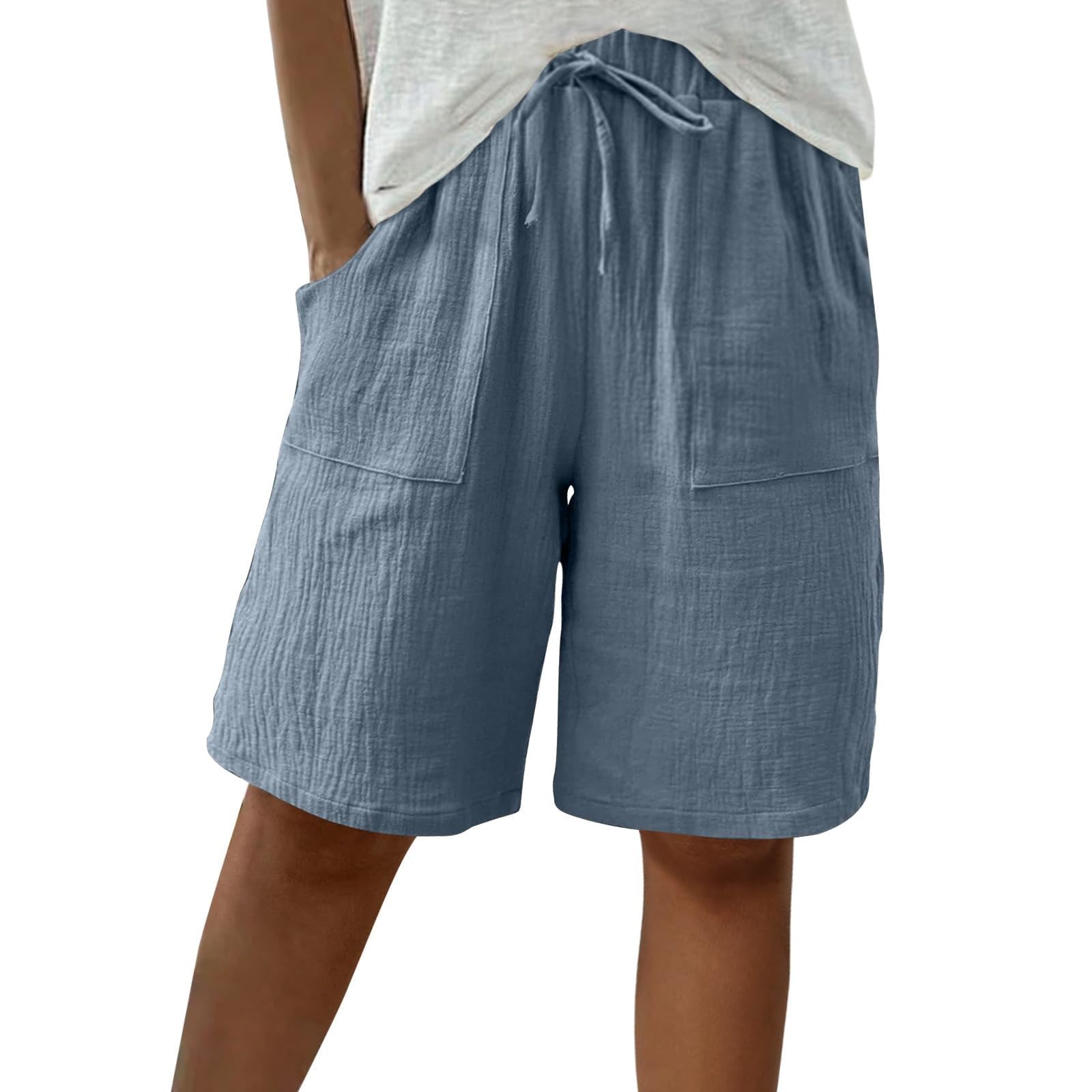 Generico Bermuda Donna Estivi Cotone Coulisse al Ginocchio Pantaloncini Curvy Elastica in Vita Traspiranti Tinta Unita Pantaloni Corti Eleganti con Tasche da Spiaggia Mare e Tempo Libero