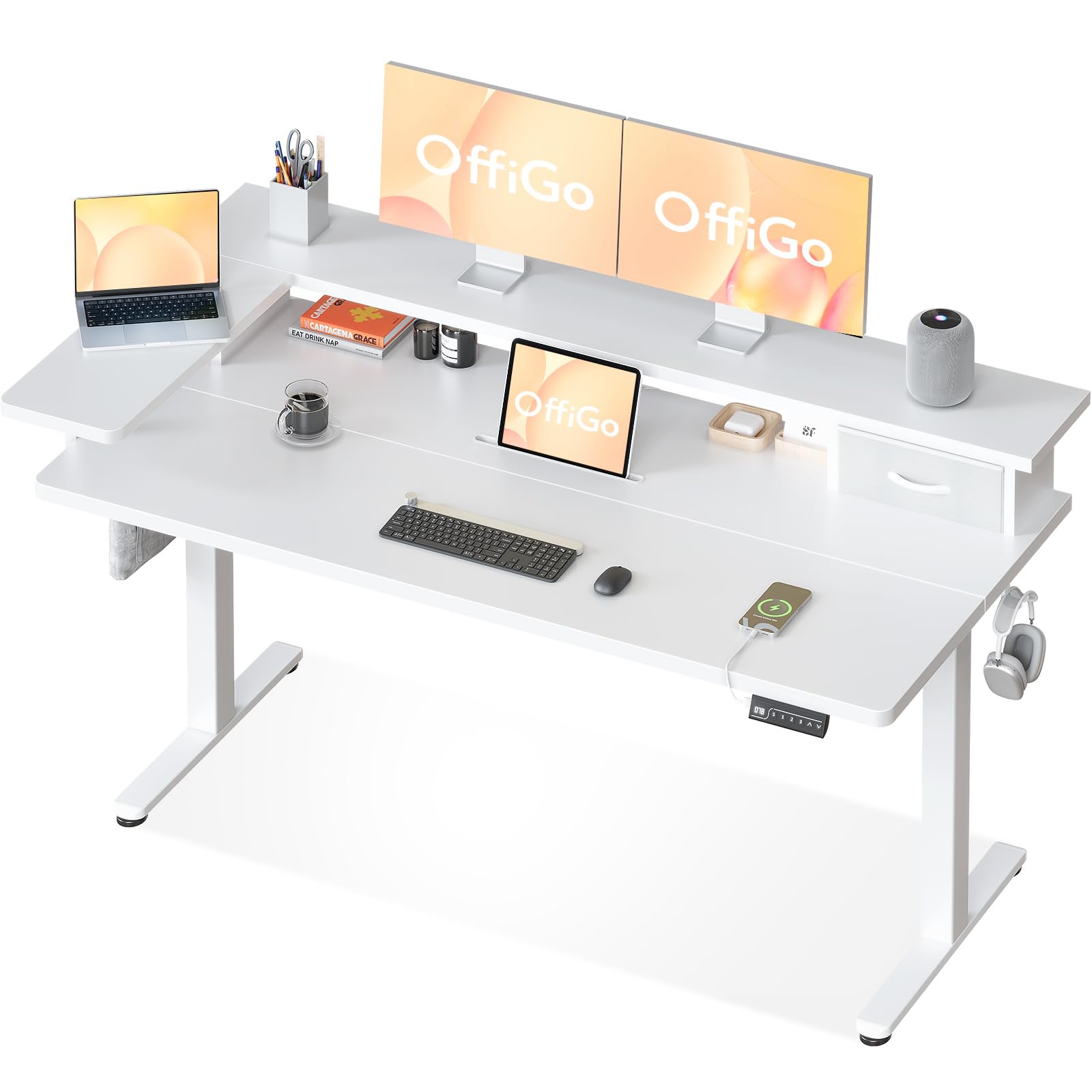 OffiGo Escritorio Elevable con Cajón y USB, 140×60 cm, Weiß | Soporte para monitor en L, 3 memorias, escritorio eléctrico regulable para oficina en casa, USB integrado, 72-121 cm