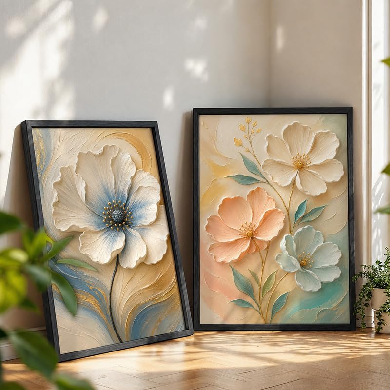 Image of NoWorries Floral Wall Painting Set of 2 with Frame | Premium White Peach & Blue Flower Botanical Artwork, Elegant Nature Wall Decor for Living Room, Bedroom, Office and Home Decoration (Art-17, 13x19inch)