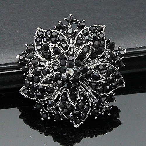 Image of Wedding Bridal Big Crystal Rhinestone Bouquet Brooch Pin for Women (black flower)