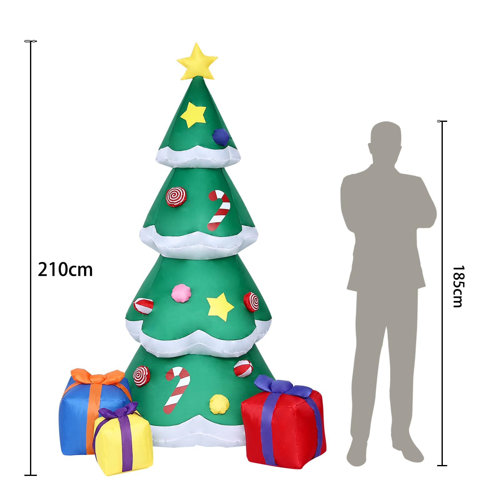 OHMG 2,1 m Decorazione natalizia per esterni, gonfiabile, con luci a LED, albero gonfiabile, con sacchetto regalo, gonfiabile, per giardino, prato, terrazza, festa