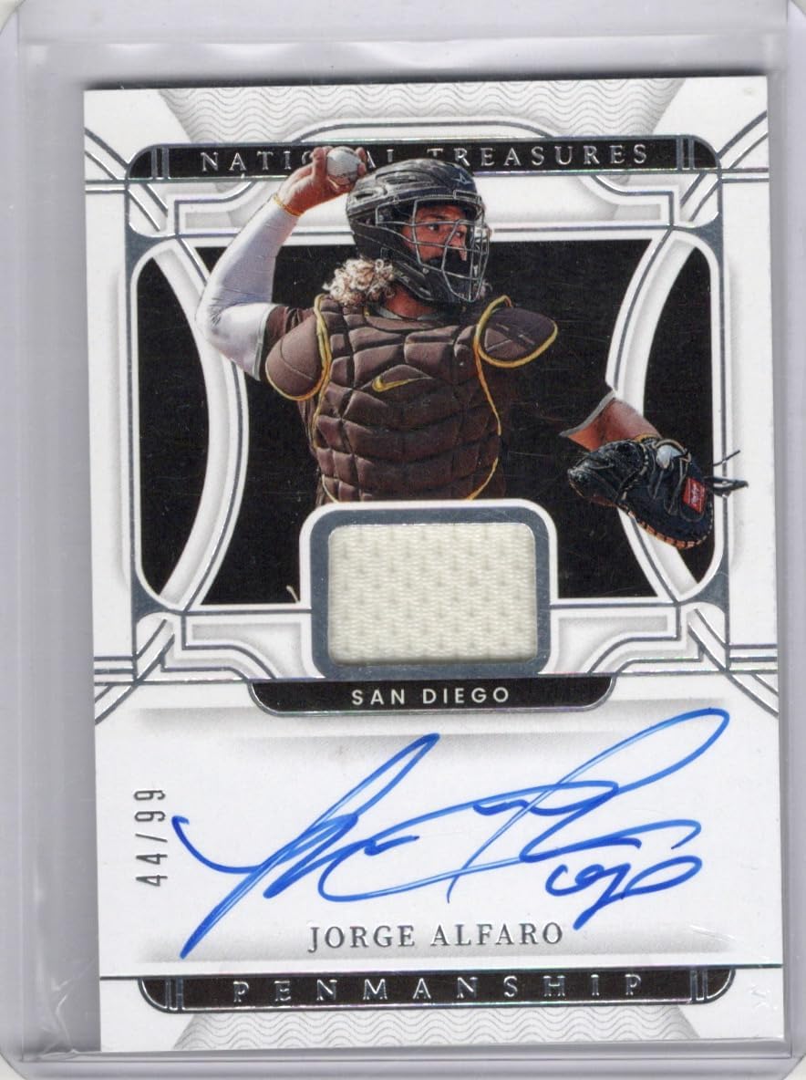 Jorge Alfaro Autographed & Serial Numbered #44/99 Penmanship Relic Game Used Jersey Memorabilia Collectible Baseball Card - 2022 Panini National Treasures Baseball Card #PMS-JA (Padres)