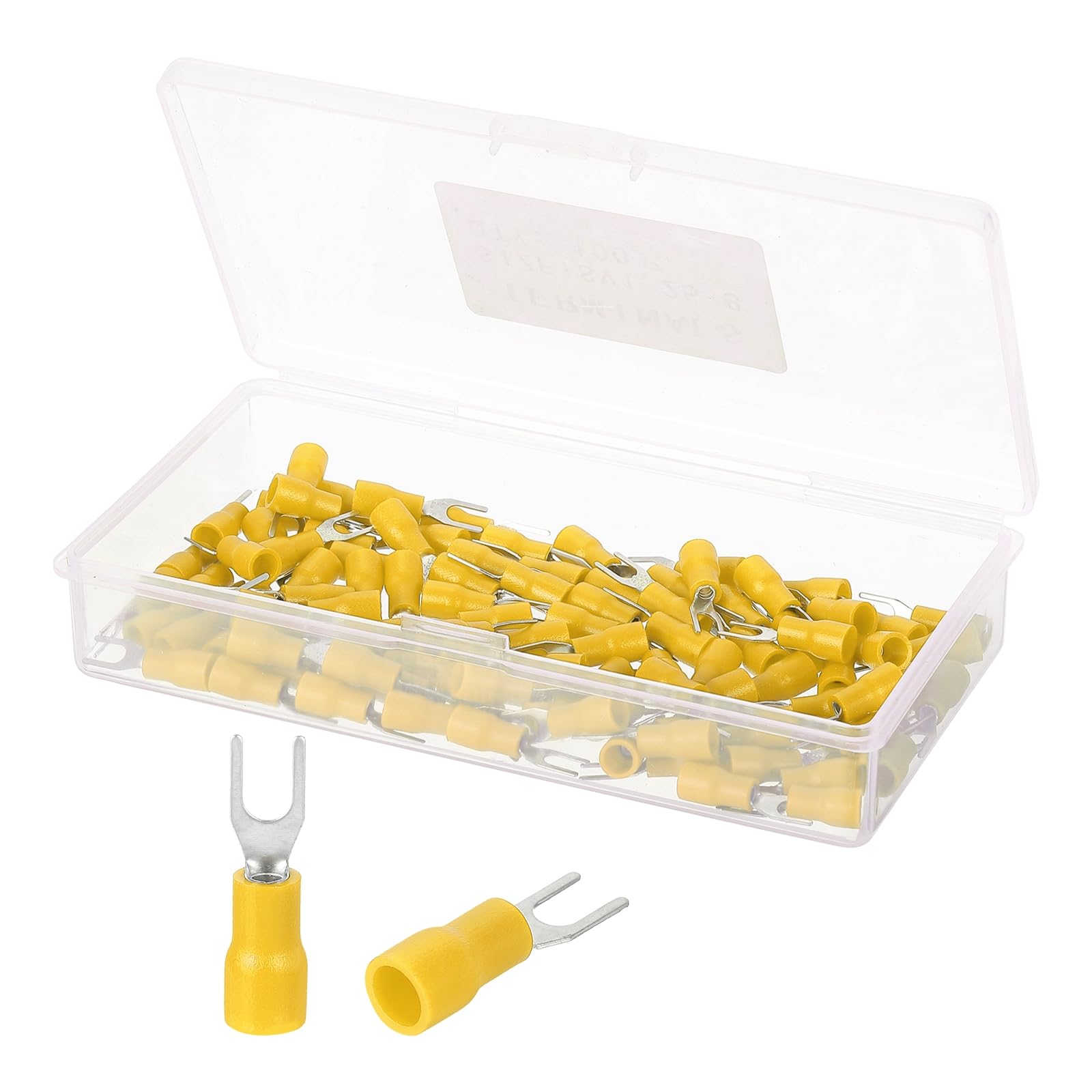 sourcing map Insulated Fork Spade Connectors, 22-16AWG SV1.25-3 U-Type Tinned Copper Waterproof Fork Crimp Terminals Connectors for Industrial Electrical Marine Wiring, Pack of 100 (Yellow)
