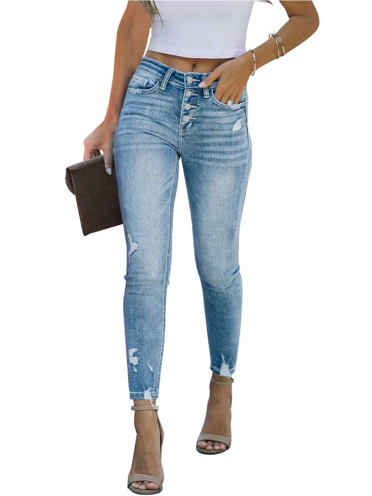 HETIPRWomen's Ripped Boyfriend Jeans Mid Rise Loose Fit Distressed Stretchy Denim Pants