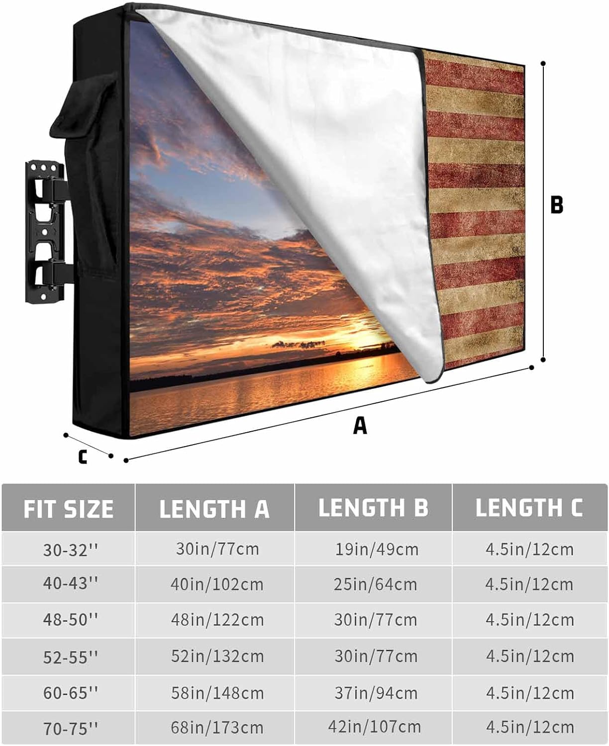 Retro American Flag Outdoor TV Cover for 40 to 43 Inch, Weatherproof & Waterproof Vintage Red Striped Outside Cover With Remote Pocket, Rustic US Flag Enclosure for LED, LCD TVs