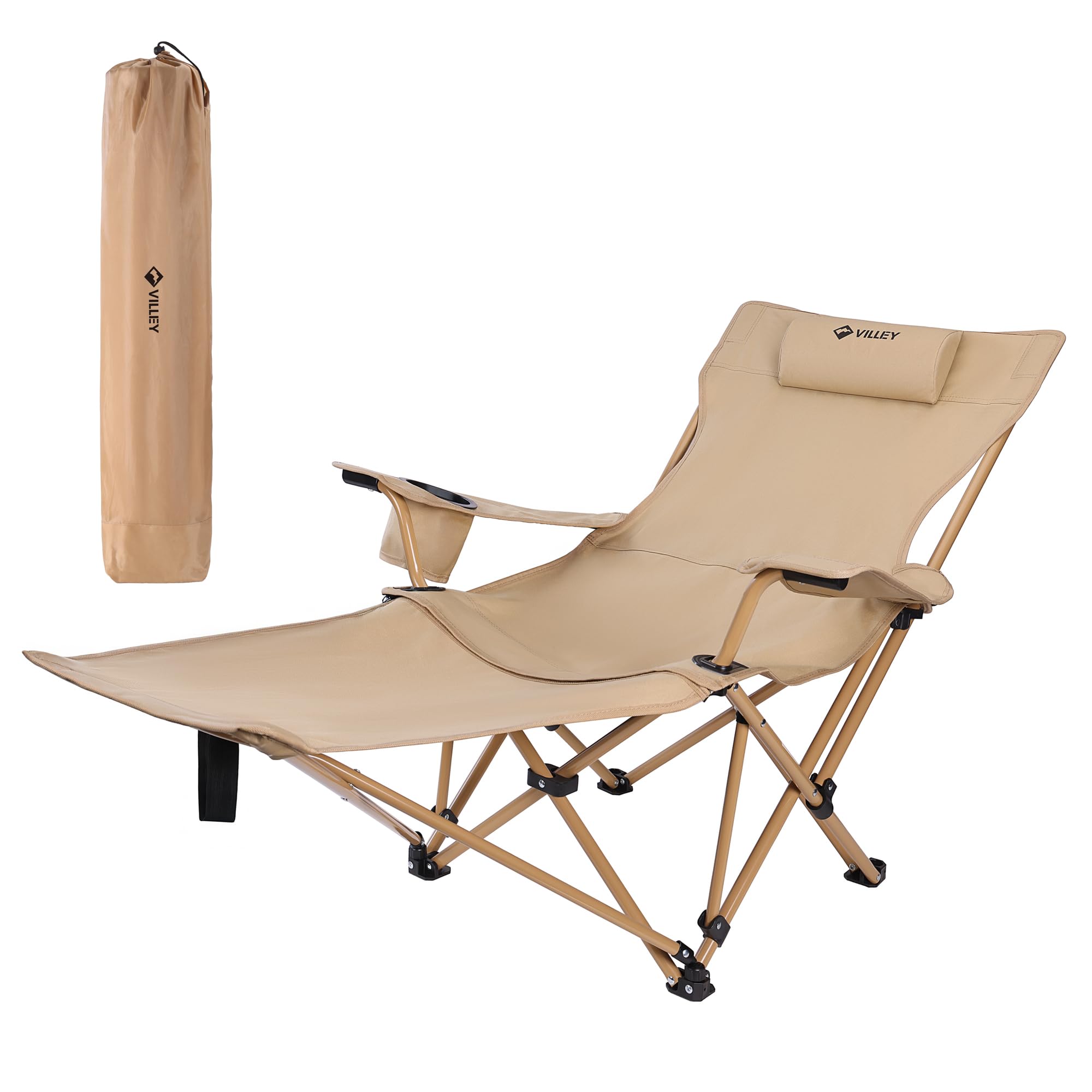 VILLEY Silla de Camping Plegable con Reposapiés, Reposacabezas y Bolsa de Almacenamiento, Silla Plegable para Camping, Playa, Jardín, Pesca, Soporta hasta 150 kg, Beige