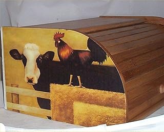 Cow & Rooster Bread Box Bamboo Wood Country Farm Kitchen Rolltop Decor New