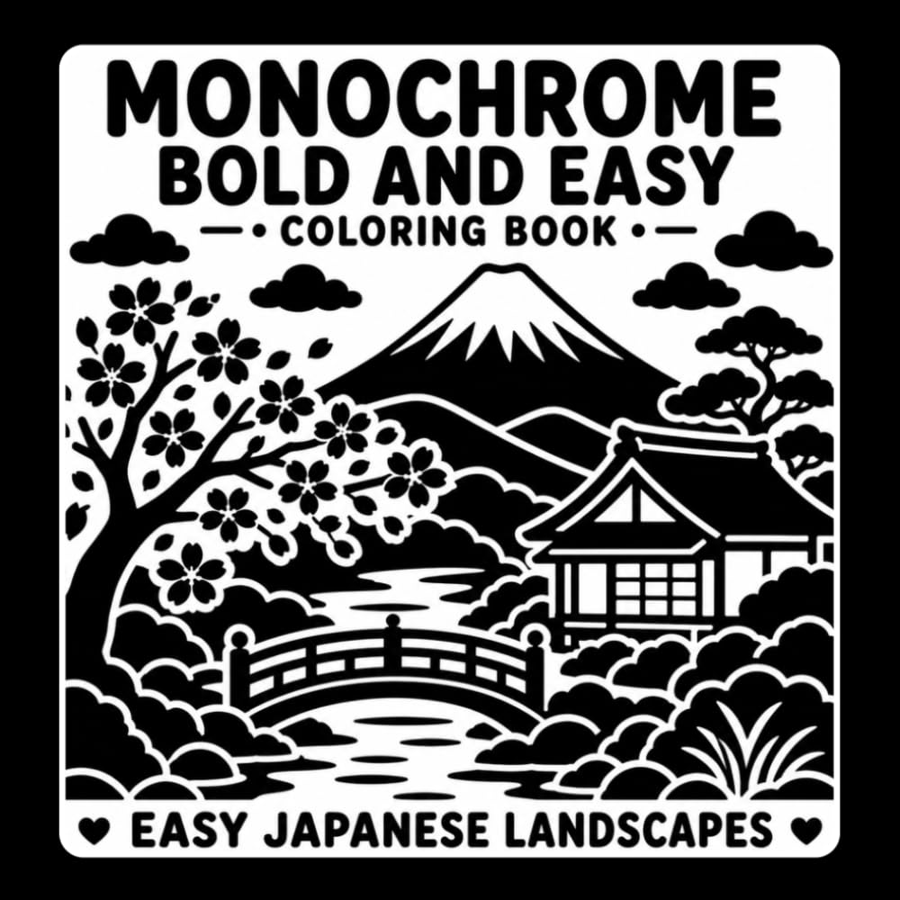 Monochrome Bold and Easy Coloring Book: Easy Japan Landscapes | Simple Japanese Scenes with Bold Lines, Scenic Mountains, Traditional Villages, ... Nature Designs for Stress-Free Coloring