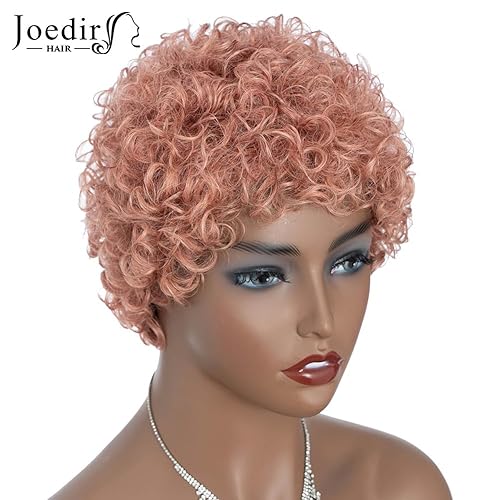 Miniatura 3 de Peluca de cabello humano rizado corto rosa para mujeres negras, peluca corta afro corte Pixie peluca hecha a máquina sin encaje sin pegamento peluca