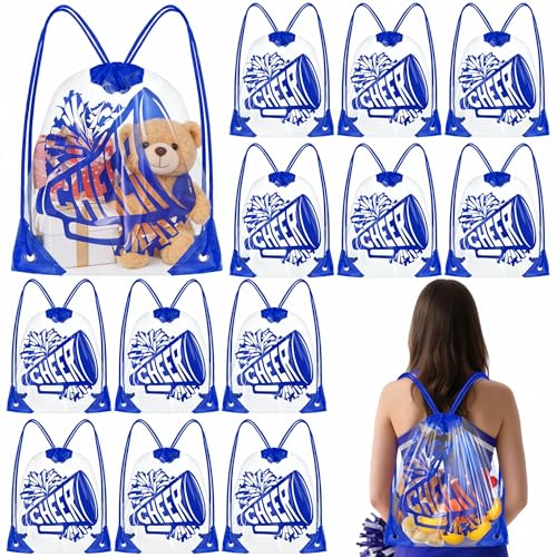 Sunnymove 12 Pcs Cheer Drawstring Backpack Bulk Clear PVC Cheerleader Goodie Bags 10 x 12 Inch Cheerleader Gym Sack Storage Snack Treat Gift Pack for Sports Team Favor Women Accessories (Blue)