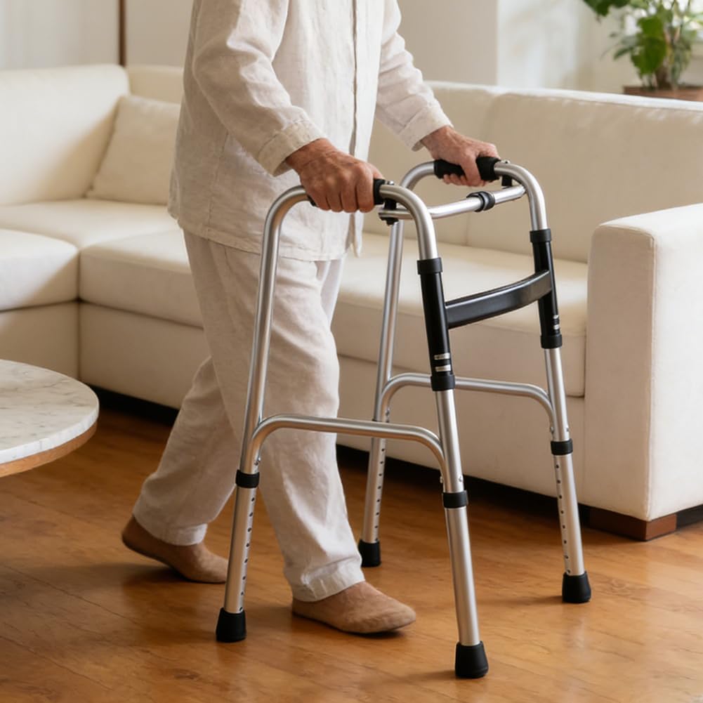Andador de aluminio, altura ajustable, andador fácil plegable para personas mayores y adultos, andador sin ruedas con almohadillas antideslizantes para los pies para casa y viajes