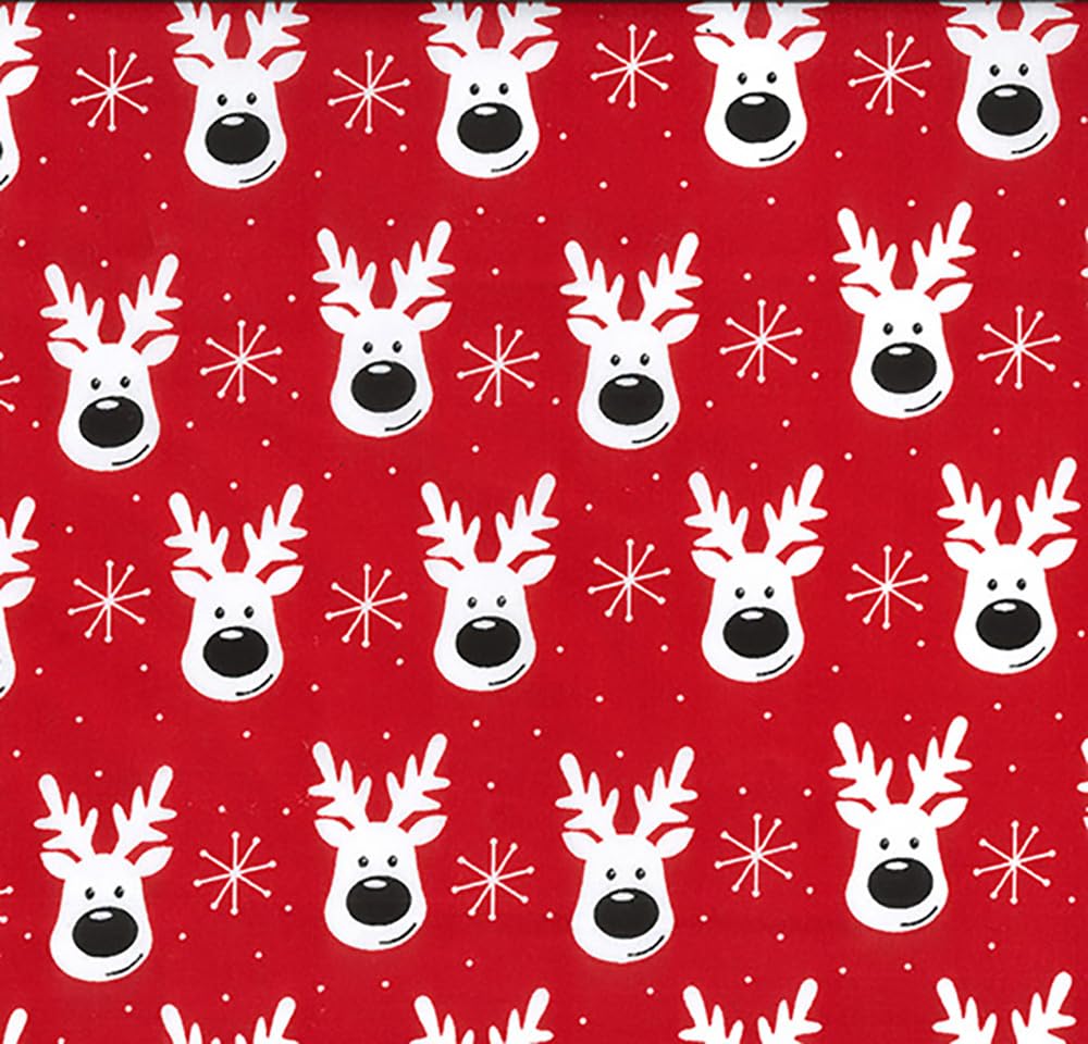 Christmas Fabric - Cute Red Rudolph Reindeers Polycotton - Xmas Craft Fabric Material Metre