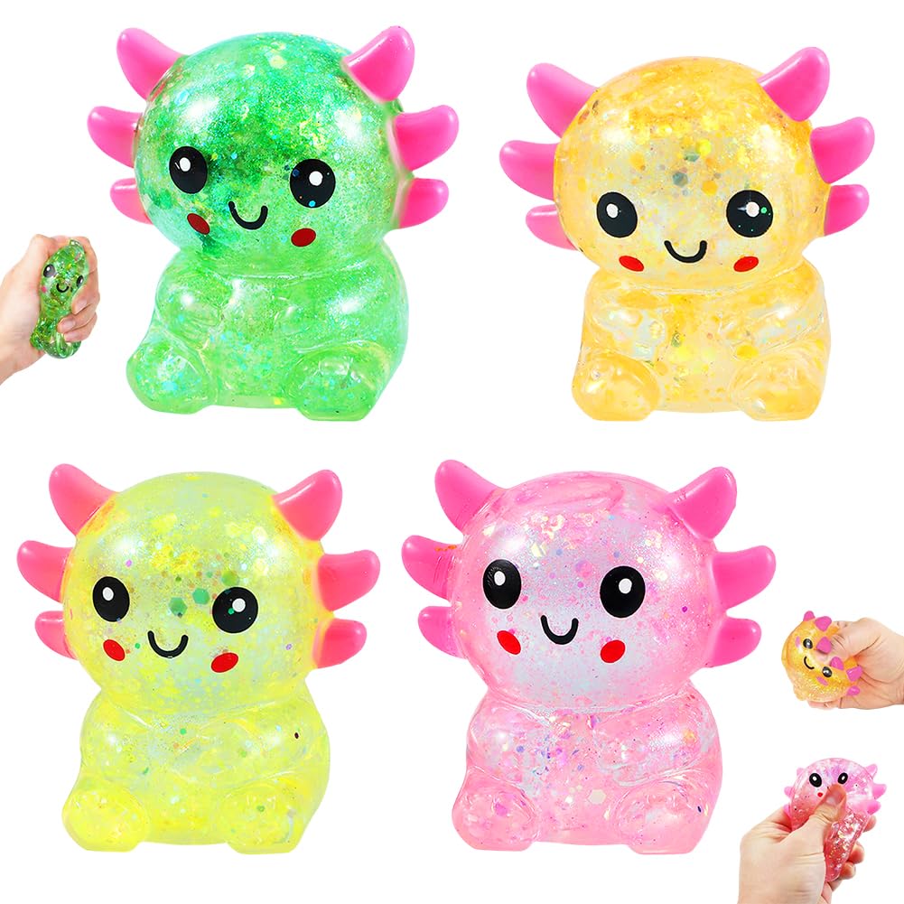 4 PCS Axolotl Squishy Fidget Toys, Glitter Squeeze Stress Balls, Malt Sugar Axolotl Stress Toys, Masquerade Mask for Couple, Men Women Decoration Play ﻿