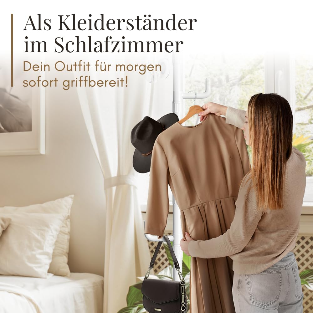 LOBUX® - Garderobenständer ausziehbar, 5 Haken [weiß, 110-310cm] – Teleskop Kleiderständer stabil – Garderobe platzsparend aus Metall – Herrendiener Schlafzimmer – Flurgarderobe – Wäscheständer Balkon
