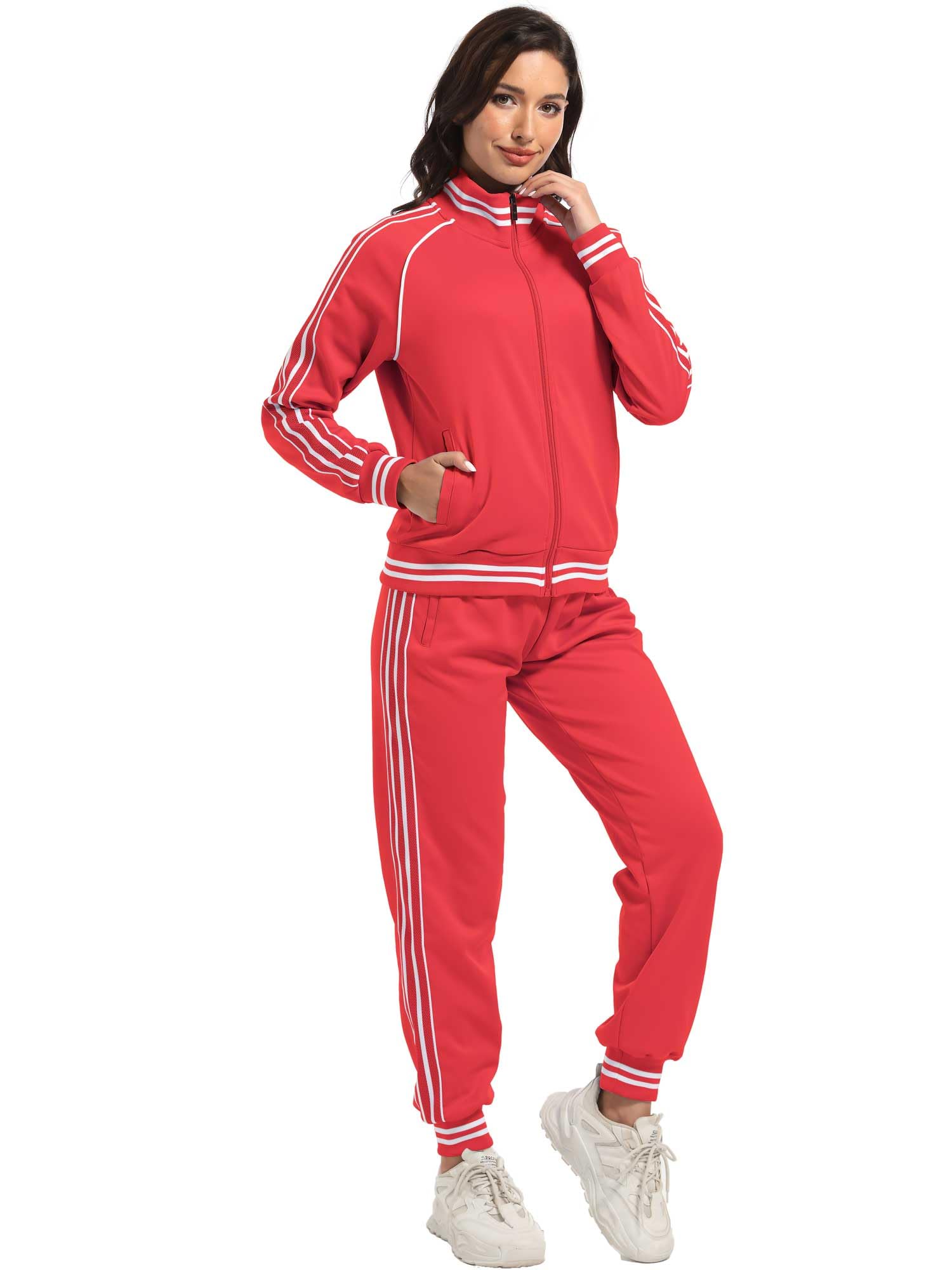 ANOTWENER Damski dres treningowy w paski, zestaw 2 sztuk, z zamkiem błyskawicznym, bluza i spodnie dresowe, strój treningowy z kieszeniami