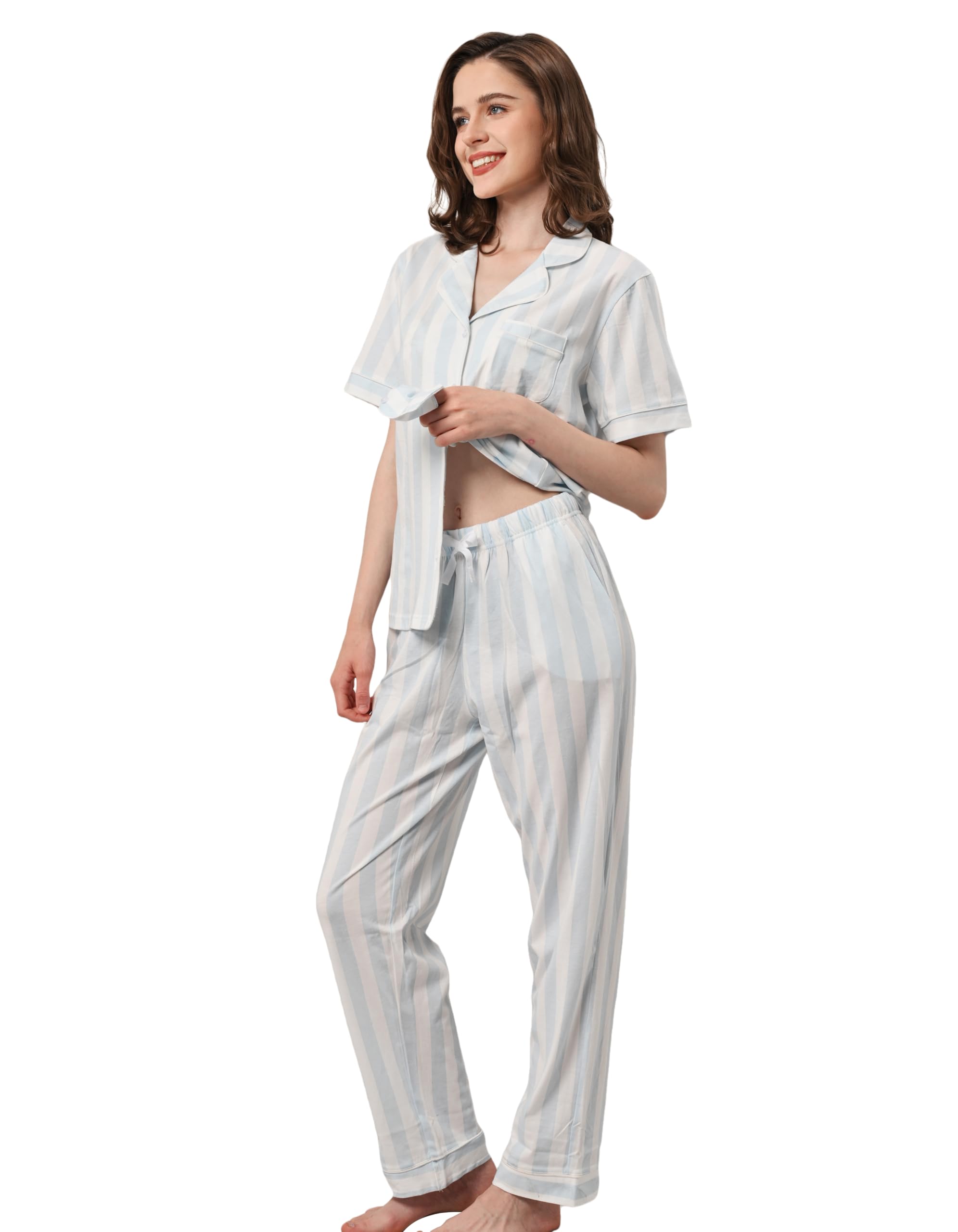 NAP BOUND 100% Cotton Women's Pajama Sets Short Sleeve Button Down Soft Pjs 2 Piece Lounge Set with Pocket Nightwear XS-XXL
