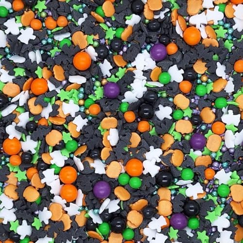 Sprinkles By Post. Halloween cupcake sprinkles mix (50g). Orange, green, purple, white and black edible Birthday cake decorations for home baking. Happy Halloween themed kids party cookie toppers.
