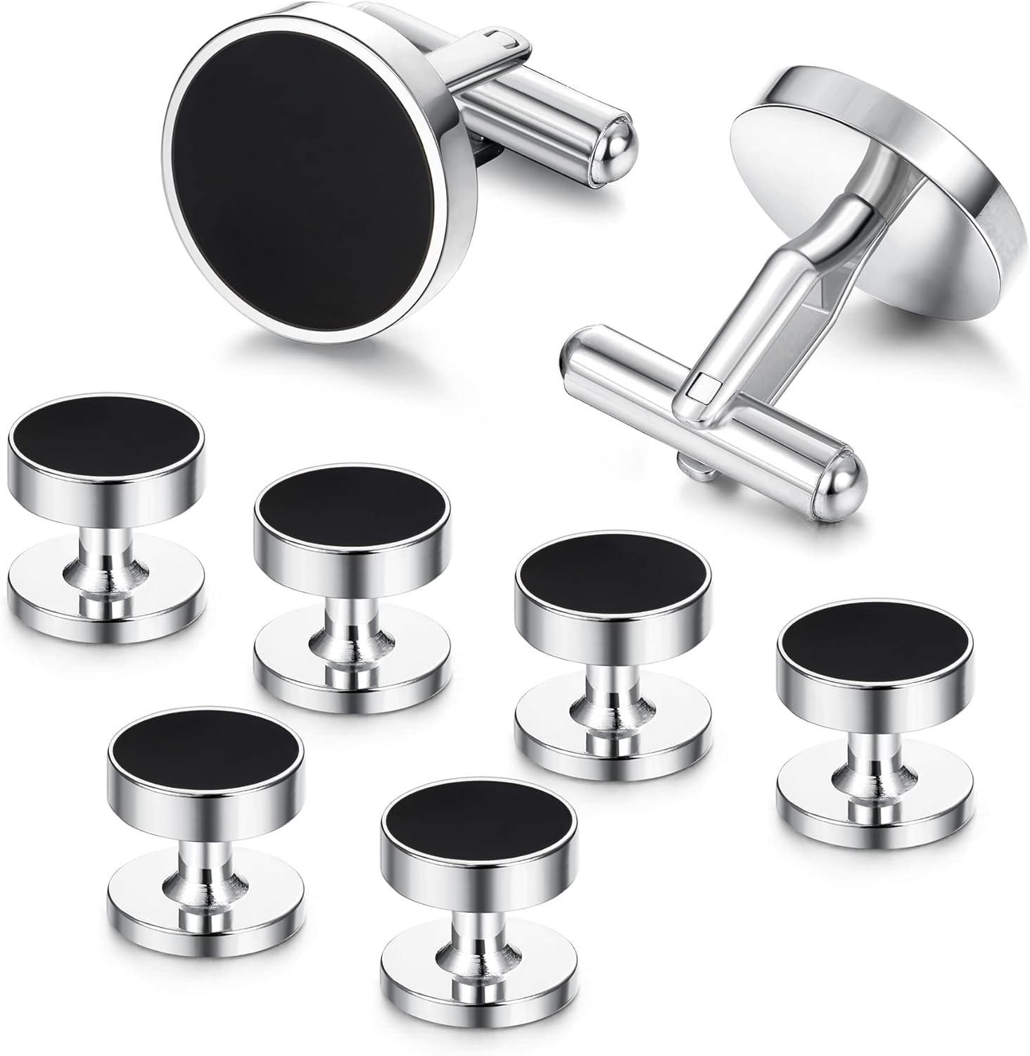 DiamdayStainless Steel Black Round Retro Tuxedo Cufflinks for Men - Classic Tone Kit With Shirt Suit Button and Clothing Studs - Wedding, Business, Graduation Gift Accessories