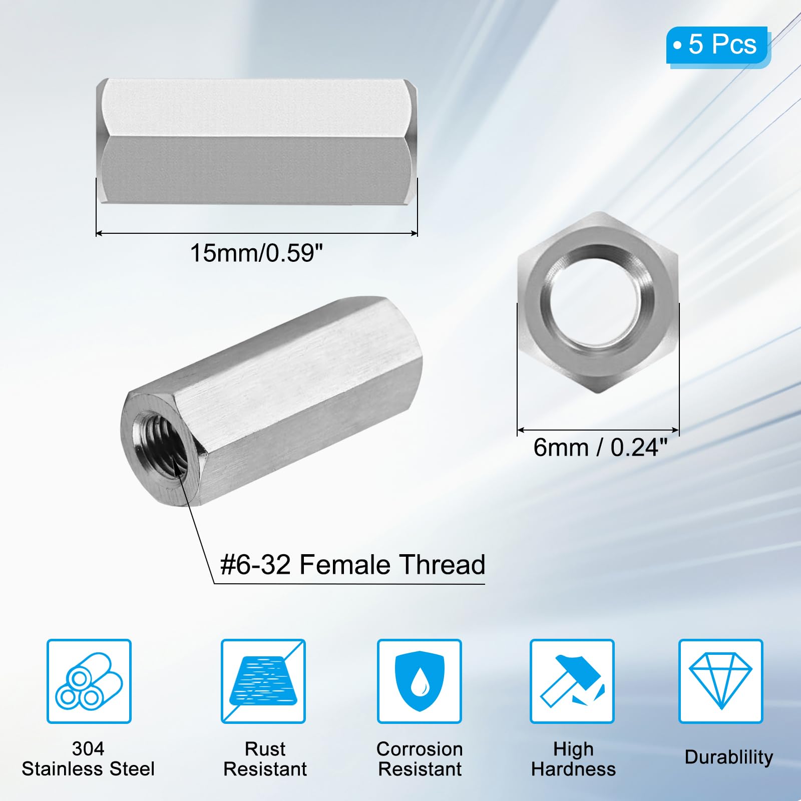 PATIKIL 6#-32 UNC 304 Stainless Steel Hex Coupling Nuts - Image 2