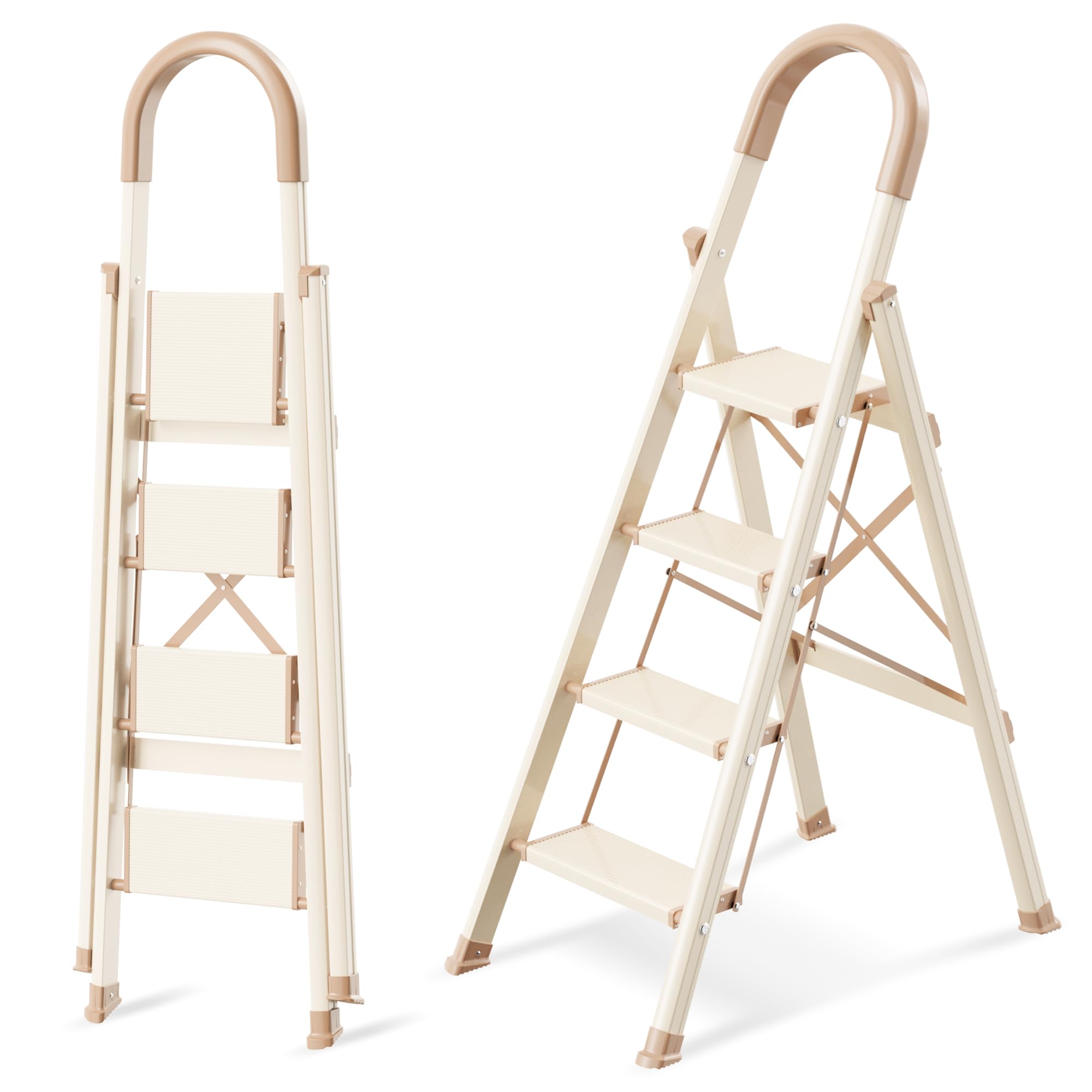 GameGem 4 Step Ladder, Step Stool Foldable, 330Lbs Bearing Folding Step Stool with Wide Anti-Slip Pedal for Adults,Lightweight Portable Aluminum Stepladder for Home, Closet, Chocolate White