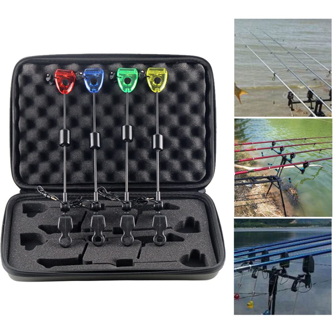 Allarme morso carpa pesca 4 pezzi da 12, 99 pollici allarme per morso di pesca a led con una scatola di trasporto indicatori di scambisti verdi gialli rosso giallo affrontano per accessori, alar