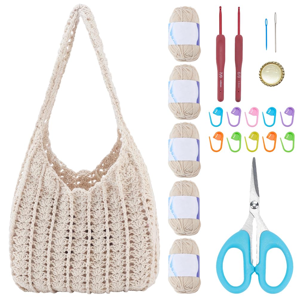 ORIGACH DIY Crochet Hobo Bag Kit for Beginners Adults Crochet Shoulder Bag Starters Kit Include Yarn, Hooks, Instruction, Video Tutorials, Beige