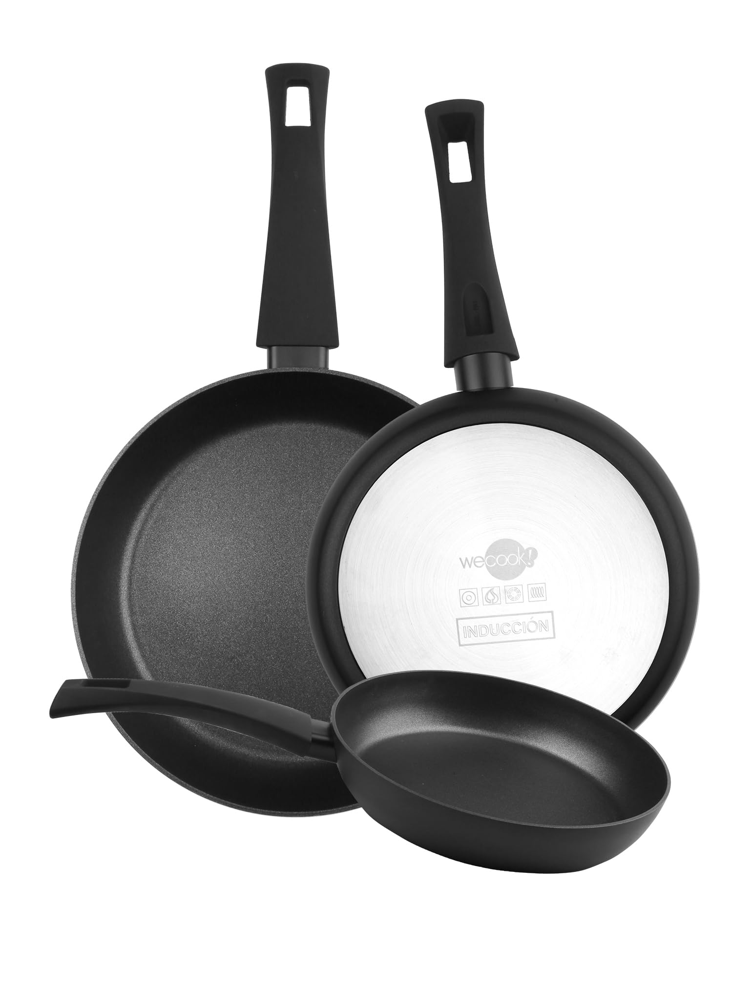 Wecook! Ecogreen Juego de Sartenes Antiadherentes Set de 3 sartenes 20-24-28 cm de Aluminio Prensado – Apta para todas las cocinas Inducción, Gas y Vitrocerámica, libre PFOA, Mango Soft Touch, Negro