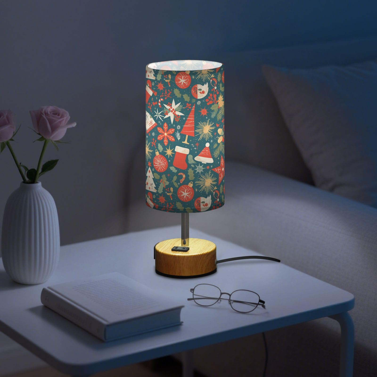 Wesołych Świąt płatek śniegu czerwona Hoho sterowanie dotykowe lampa stołowa stolik nocny lampa biurkowa z portami USB C+A 3 temperatury barwowe na stolik nocny