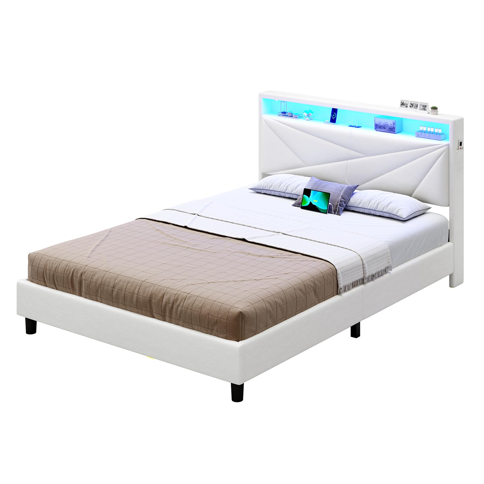 KIMENICH Lit 140x190 avec Sommier, Lit Double avec LED Réglable et Multiprise, Étagères Ouvertes et Rangement sous Sommier, Cadre de Lits 140x190 Capitonné, PU Blanc