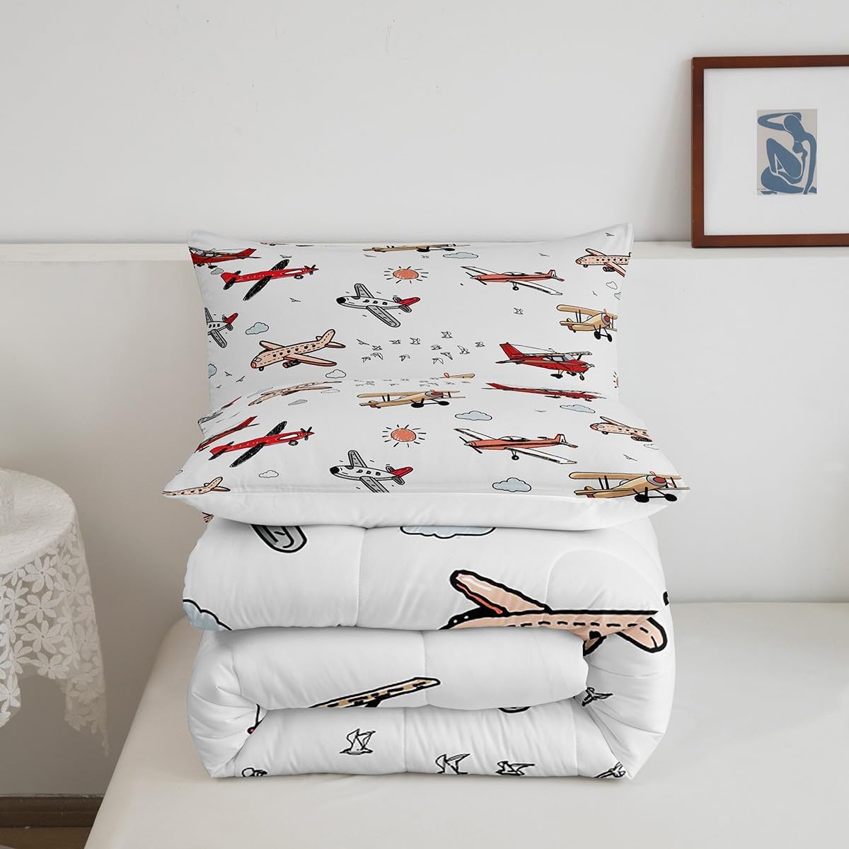 Castle Fairy Cartoon Airplane Kids Comforter Set Twin Size,Colorful Aircraft Print Aviation Style Bedding Set for Kids Boys Men,Sun Cloud Sky Birds Animal Quilted Duvet Set with 1 Pillowcase