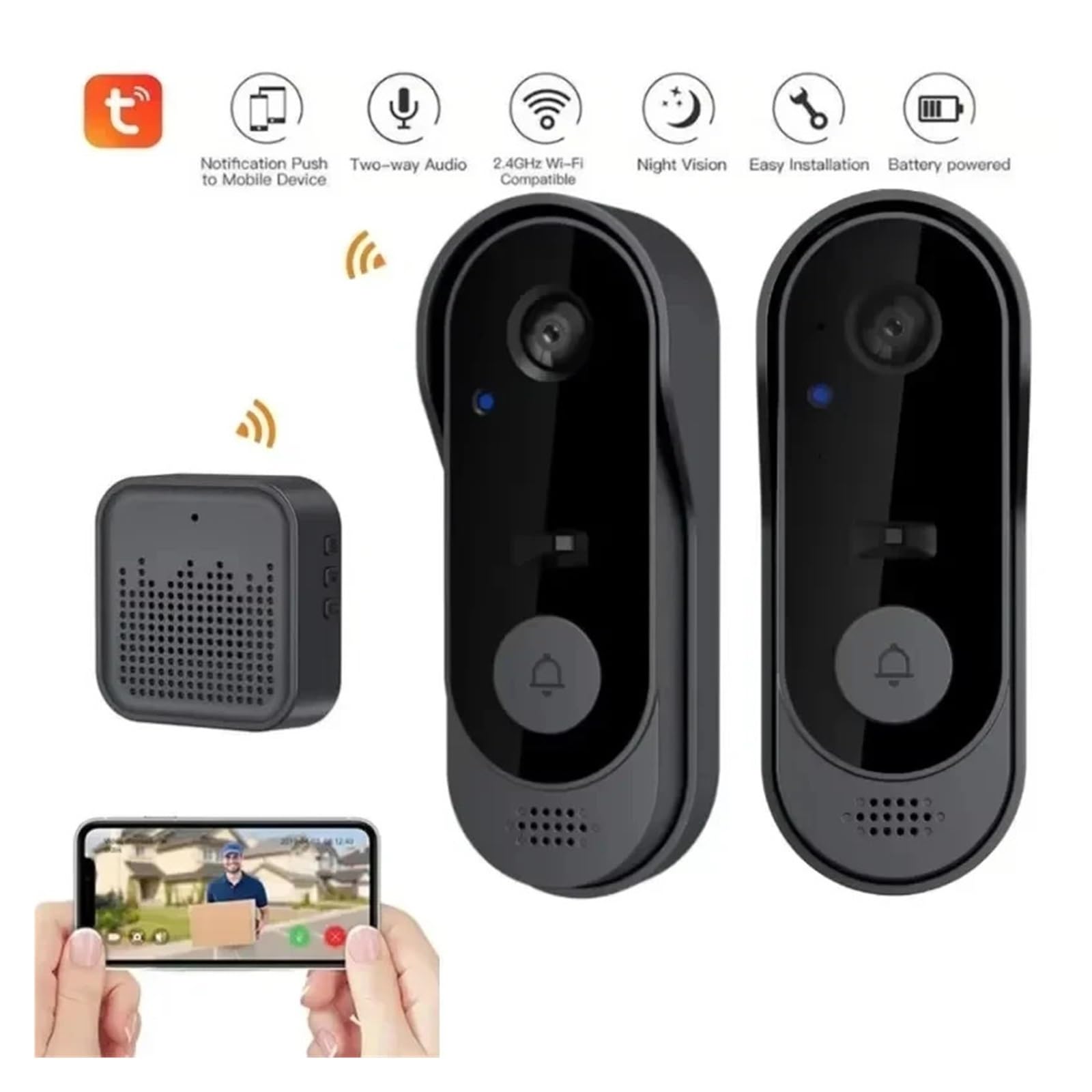 Tuya – Sonnette avec caméra WiFi HD, interphone vidéo for l'extérieur(Black)