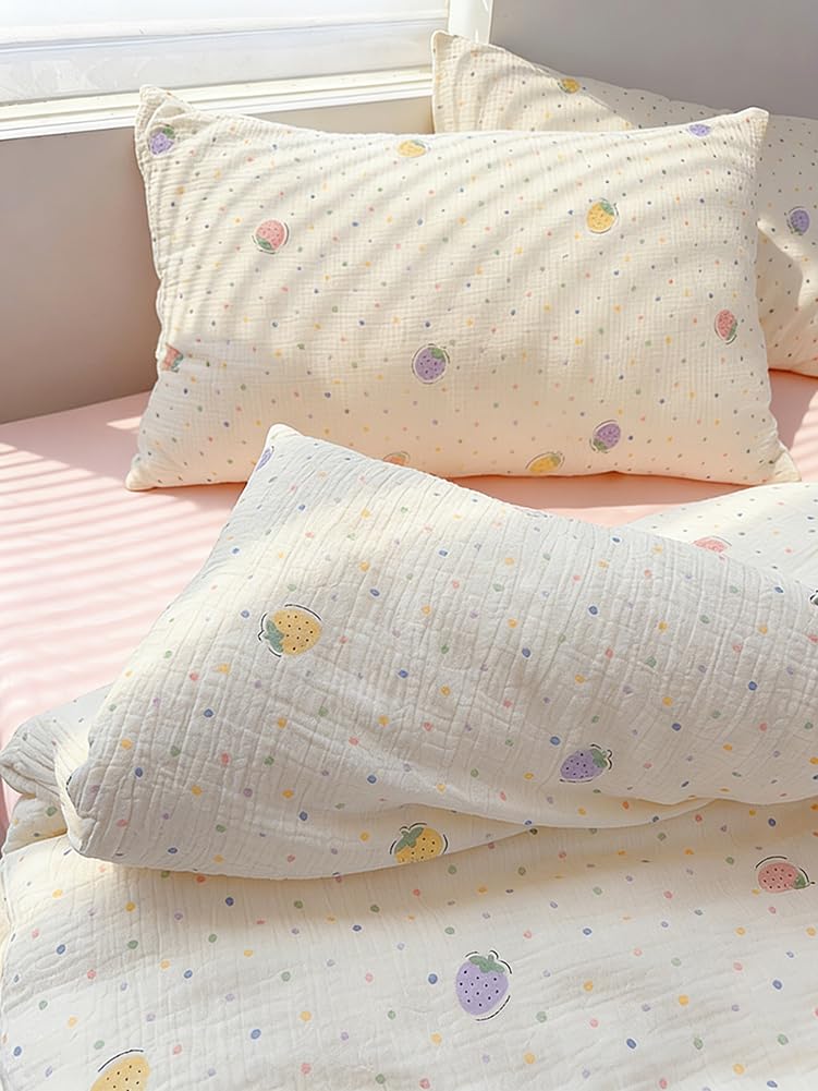 Nayoroom Musselin Kinderbettwäsche 100x135 cm Baumwolle Bettbezug mit Kissenbezug 40x60 cm Oeko-TEX Standard Bunte Erdbeeren