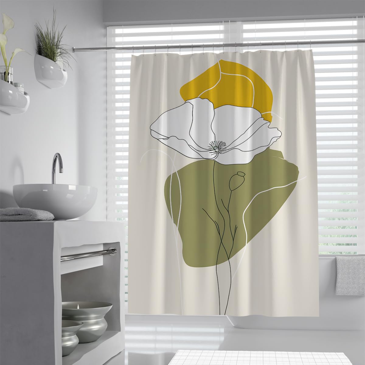 UIRINGART Botanical Poppy Flower Shower Curtain W180xL220cm Minimalist Abstract Line Art Yellow Sage Green Fabric Mildew Resistant Washable Home Hotel Bathroom Screen With Hook