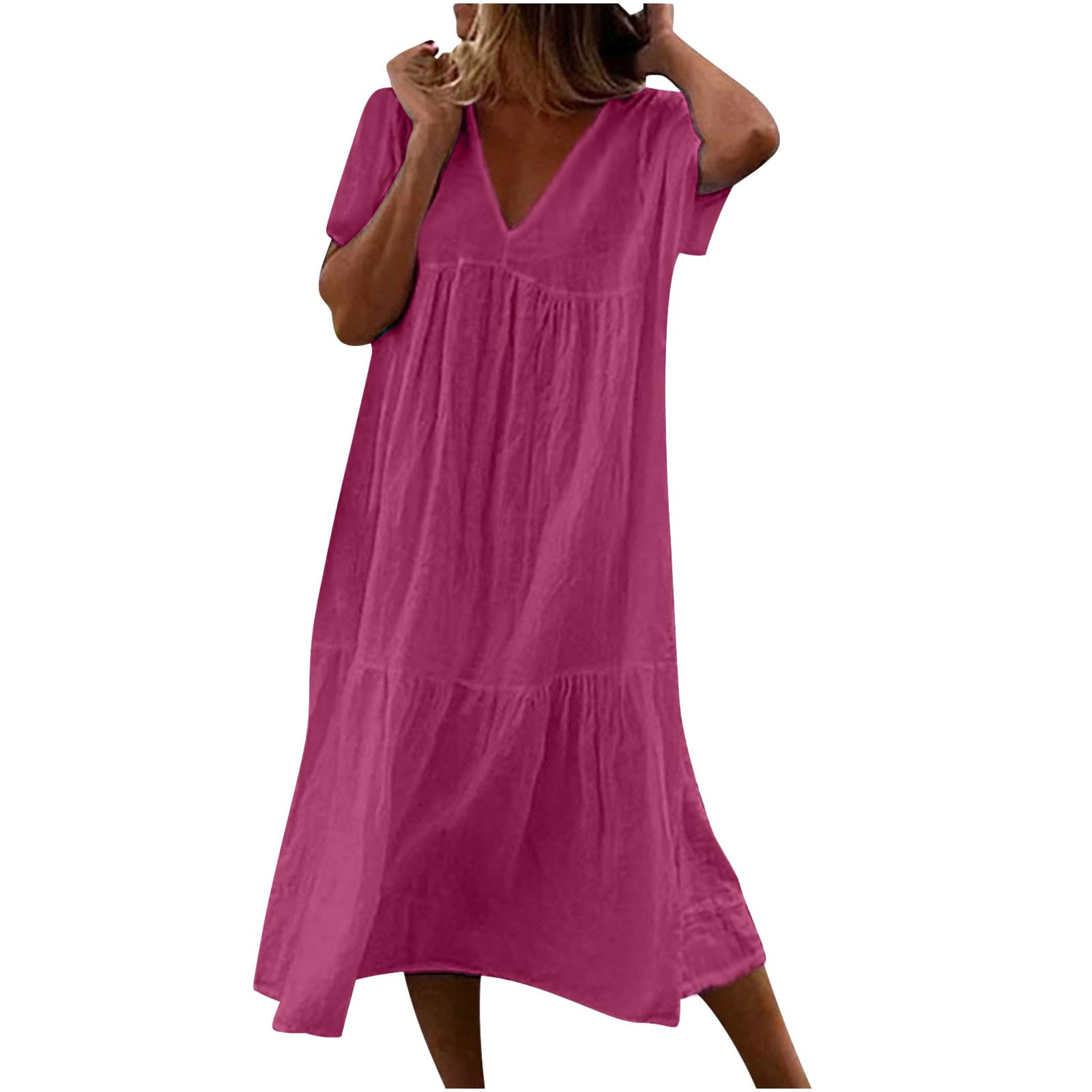 HAOLEI Vestidos Verano Mujer 2024,Corte Suelto Vestido Mujer con Cuello en Pico Moda Color Solido Vestido Largo Verano Mujer Plisado Vestidos Playeros de Manga Corta Informal Maxi Vestidos