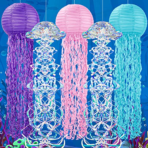 Geosar 5 Pcs Jellyfish Decor with Mermaid Hanging Lanterns Glitter Decorations for Mermaid Theme Party & Under the Sea Party Decorations Birthday Gift Supplies