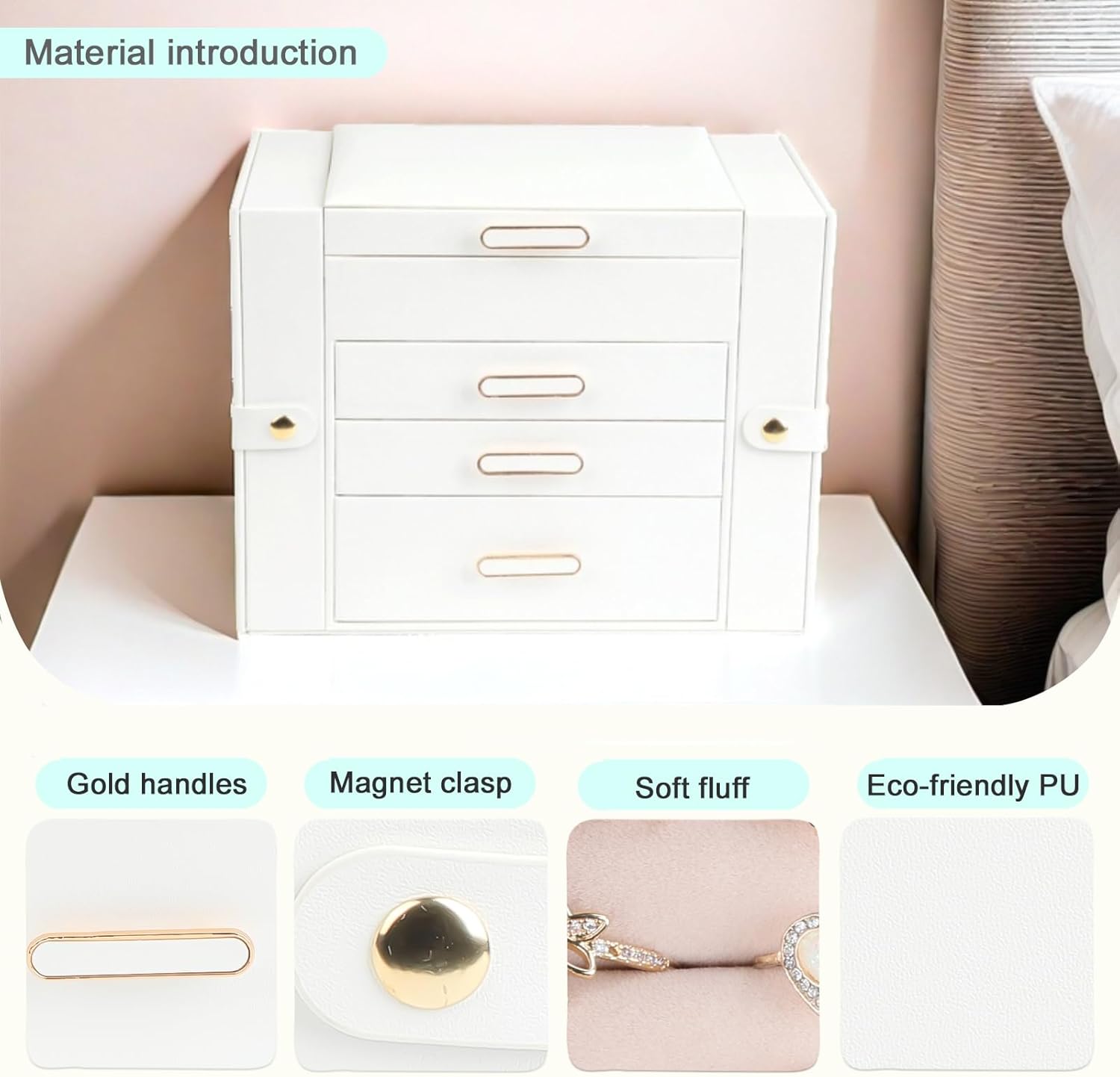 ASINGYER Jewelry Boxes for Women, 4 Layer Jewelry Organizer with 2 Doors for Necklaces Hanging and 2 Closet for Earrings Hanging, Large Jewelry Box with Mirror (White)