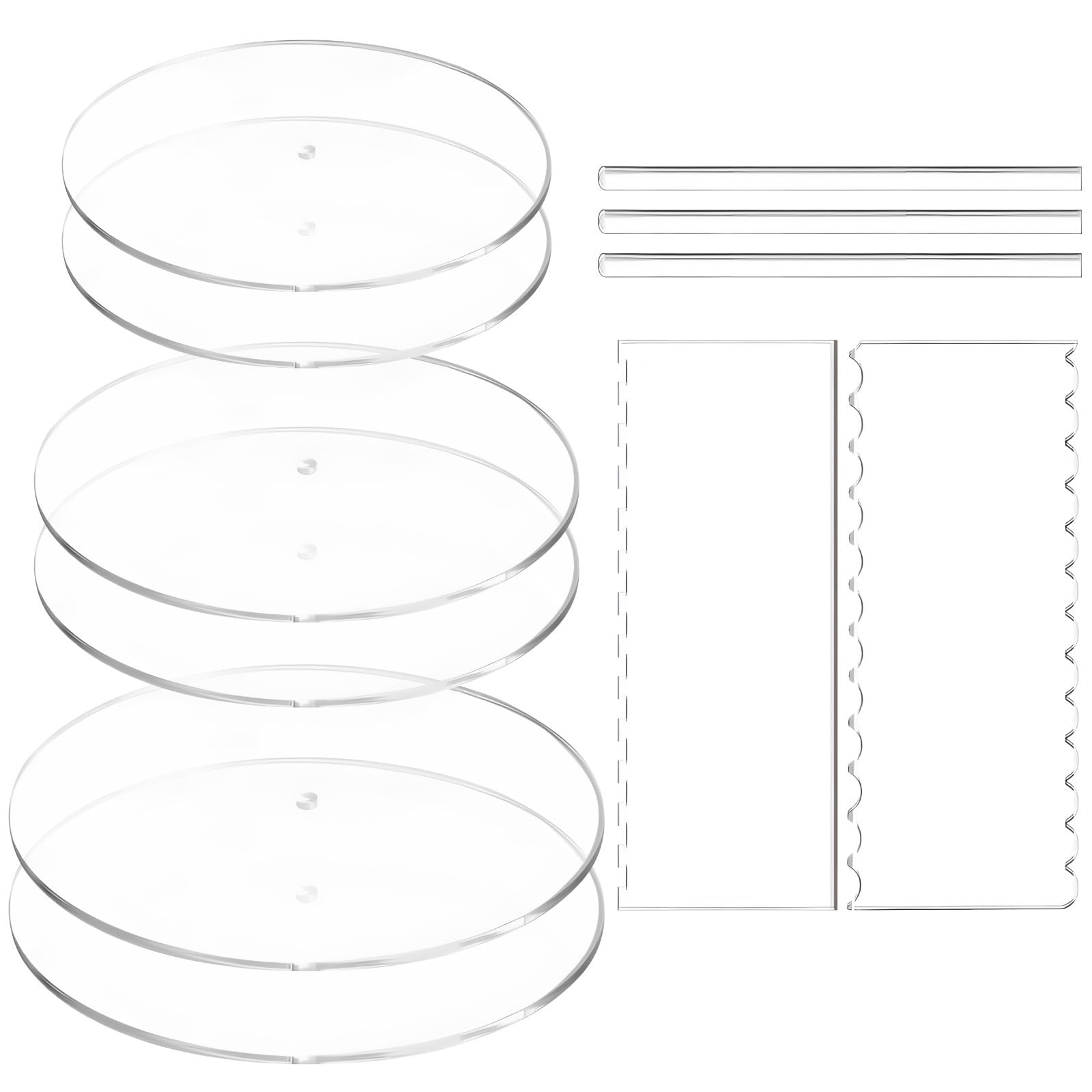 Generisch Juego de 11 espátulas acrílicas para decoración de tartas, 6 bandejas para tartas, 2 espátulas de cristal, 3 clavijas centrales, para tartas de 3 pisos, bodas y fiestas