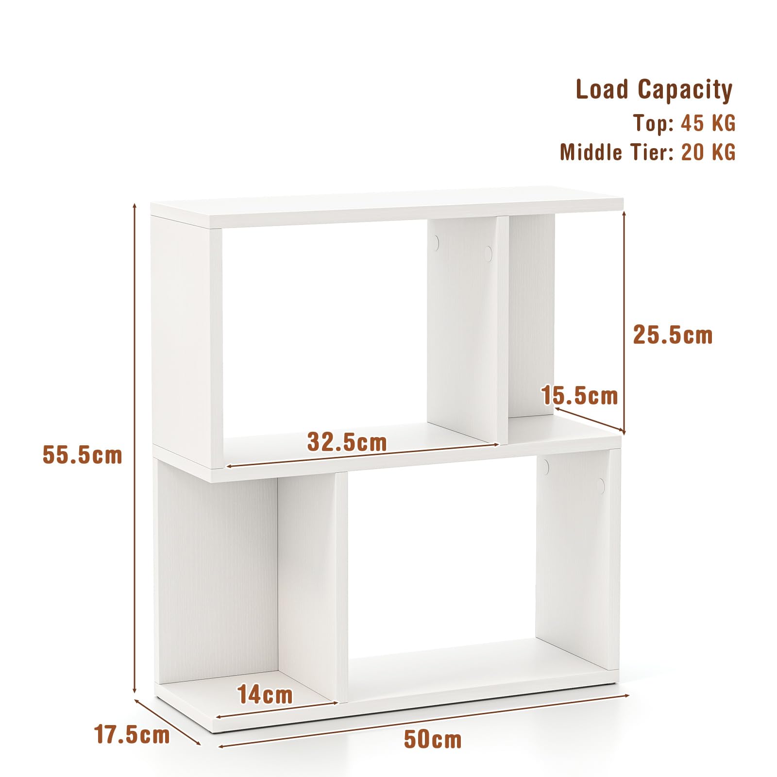 LIFEZEAL Tavolino da Divano, Tavolino Laterale da Salotto, a Forma di S, Bianco, Libreria a 3 Ripiani, Scomparti Aperti, Combinazione Libera, Salvaspazio, Moderno, per Soggiorno, 50x17,5x55,5cm