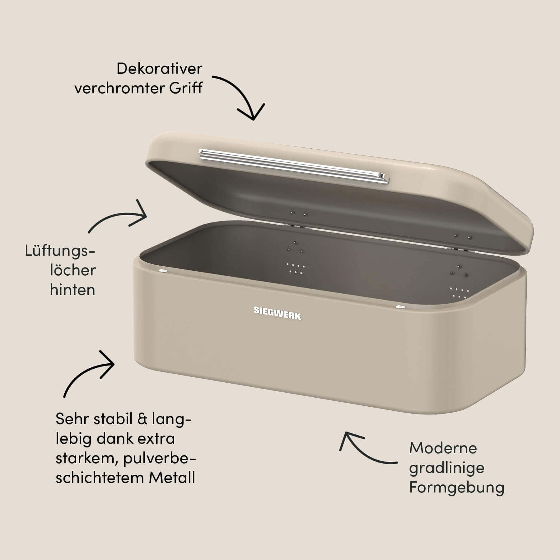 Design-Brotkasten PANOVA - Der Klassiker unter den Brotkasten - schwere, hochwertige Qualität - Korpus, Griff und Scharniere aus Metall - besonders langlebig - modernes Design - beige