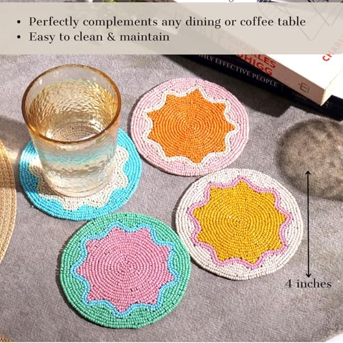 Image of Dreamy Walls Beaded Coaster Set of 4- Multicolor Glass-Bead Drink Coasters, Boho Table Decor for Dining & Gifting