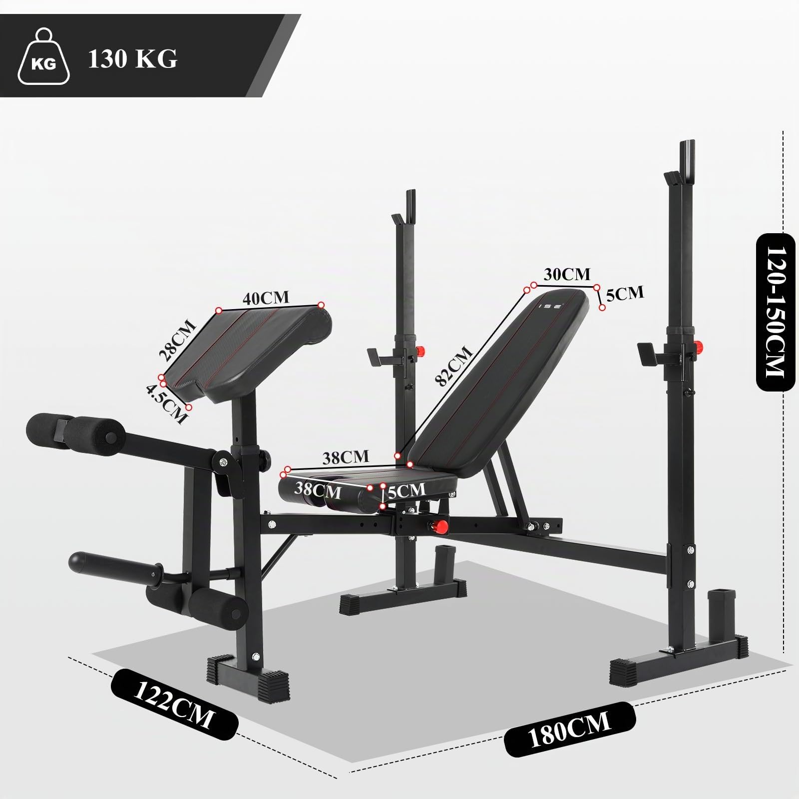 ISE Panca Multifunzione Palestra Casa, Panca Pesi Regolabile con Supporto Bilanciere Schienale Reclinabile Fitness per Allenamento a Casa