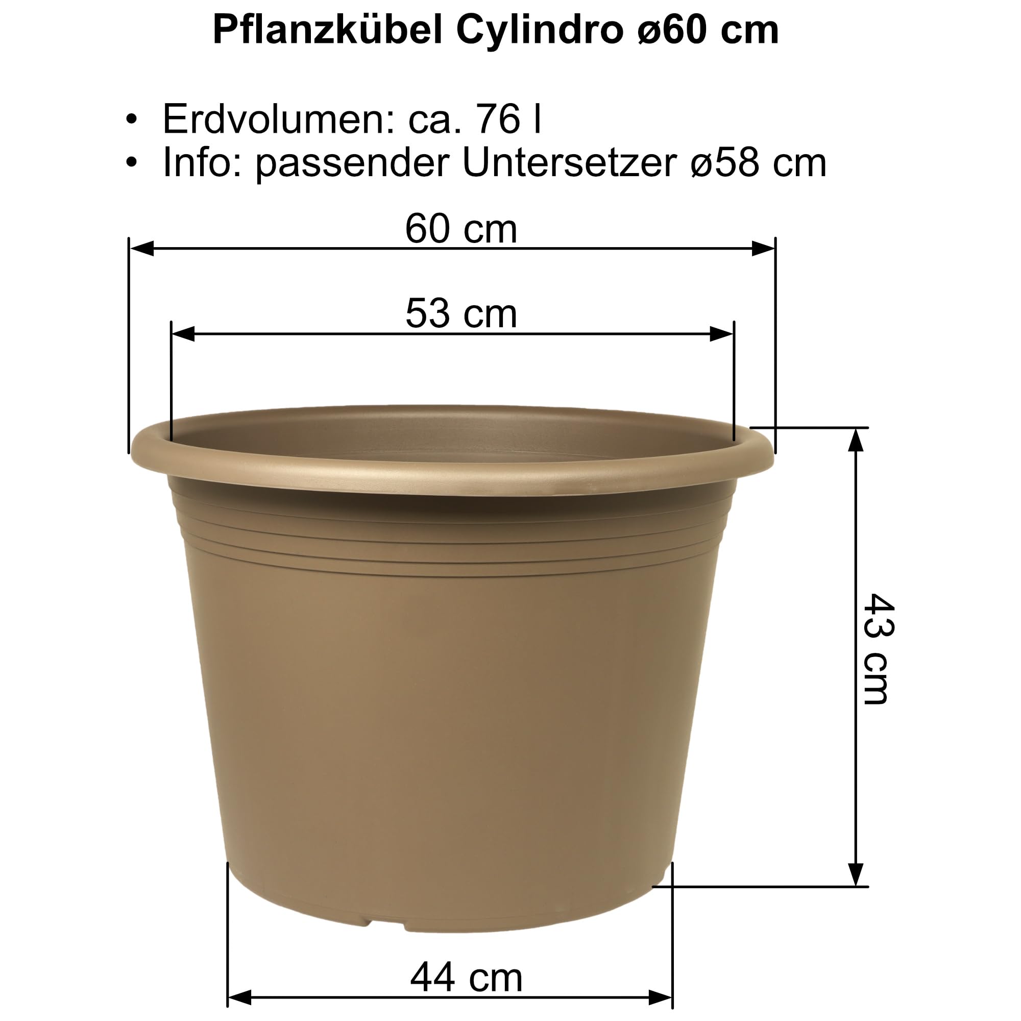 MePla Lot de 3 pots de fleurs Cylindro de 60 cm de diamètre + soucoupe de 58 cm de diamètre, taupe, résistant aux intempéries, en plastique résistant aux UV