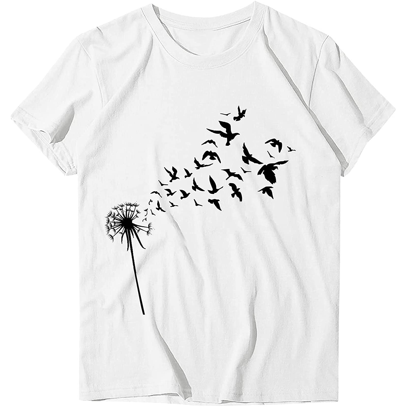 EMATOP Sommer Tshirt Damen Baumwolle Tops Lässig Lose Kurzarm Tee Shirts Basic Rundhals Oberteile Löwenzahn Schmetterling Muster Tunika Bluse Shirt Elegant Longshirt Teenager Mädchen Sportshirt