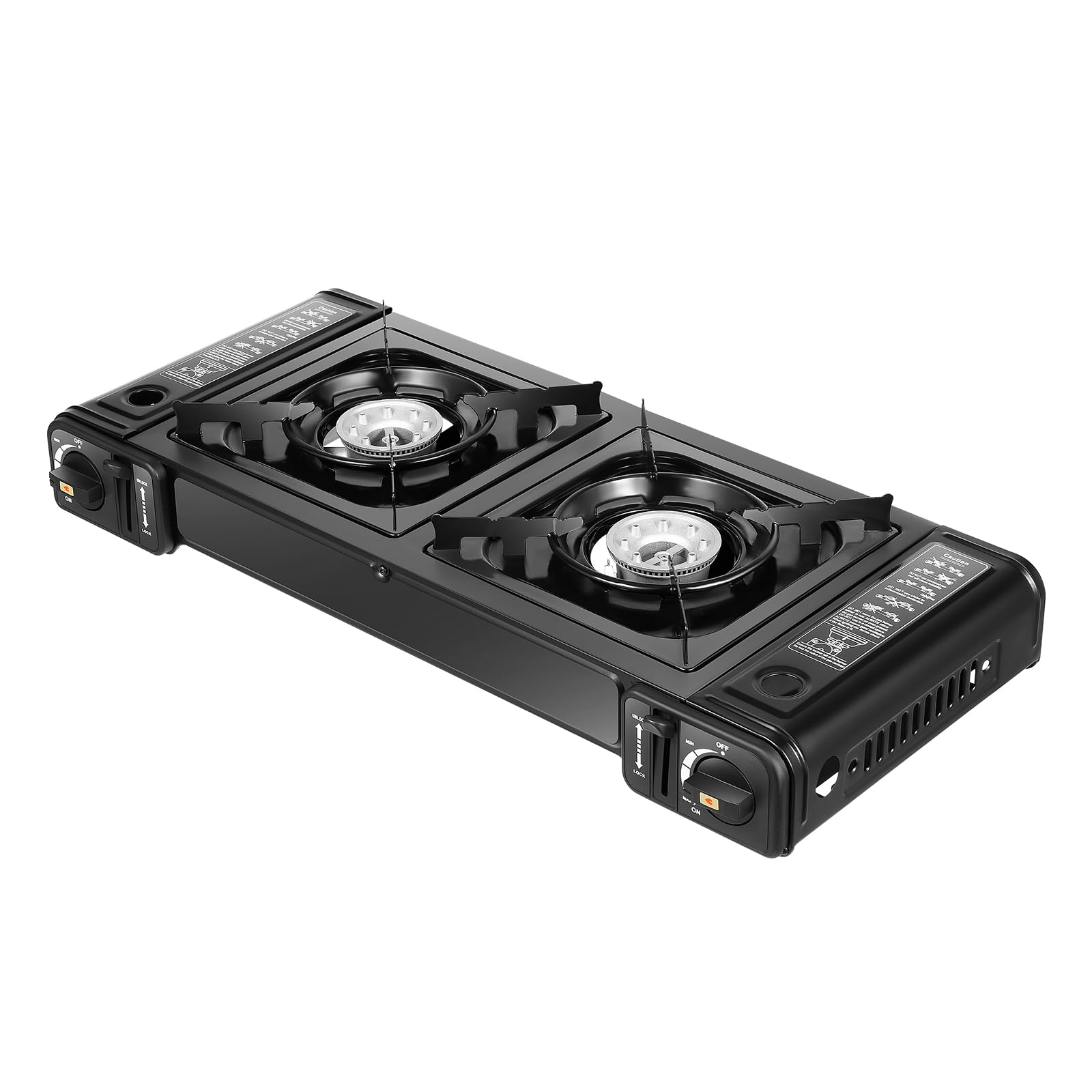 Hornillo de gas para camping, 2 fuegos con bandeja de barbacoa y maletín de almacenamiento, estufa de gas para camping, exterior, coche, caravana
