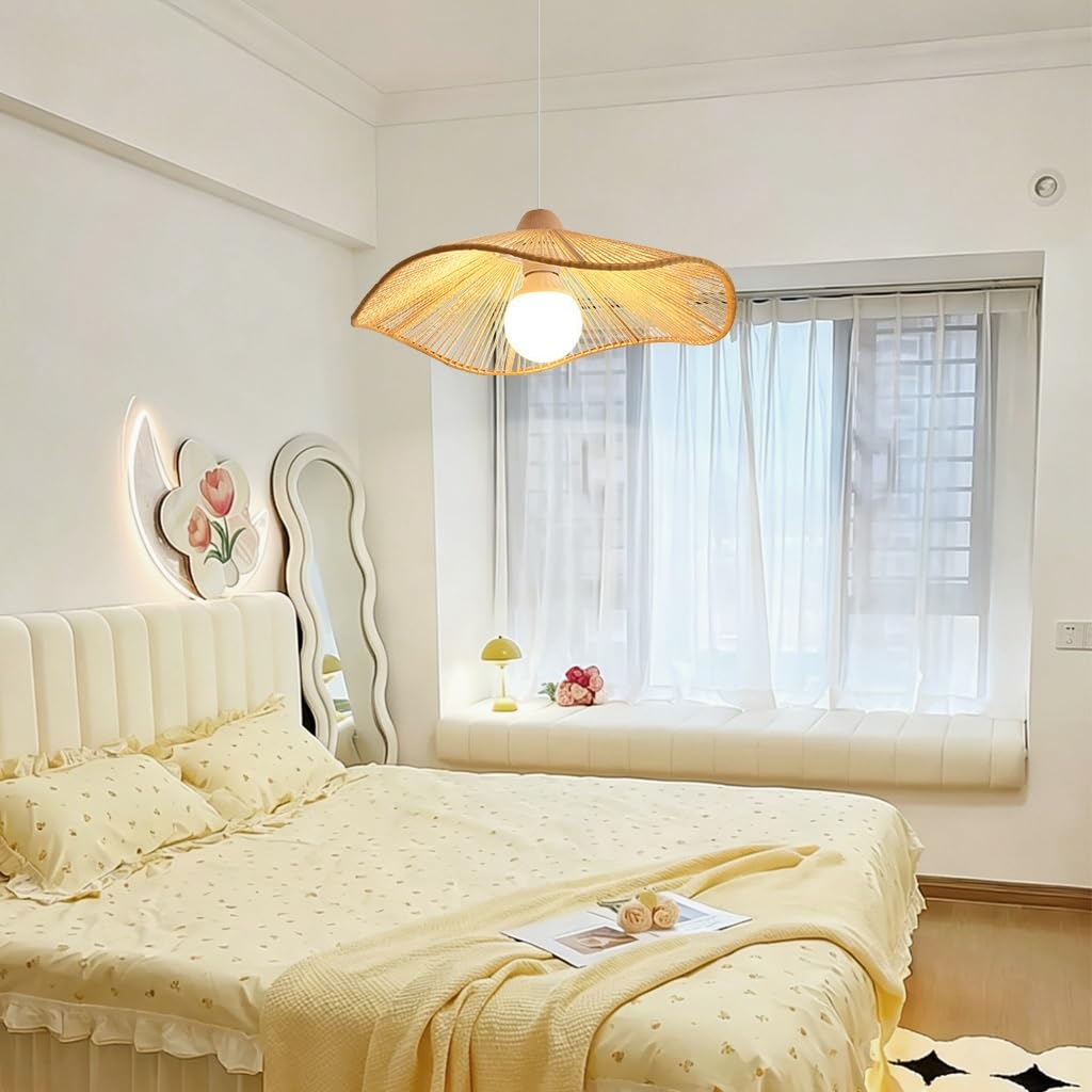 Lampa Wisząca E27 Z Rattanu Abażur W Stylu Retro Z Jutowego Sznurka Styl Bohemy Ręcznie Wykonana Lampa W Kształcie Kapelusza Idealna Do Wyspy Kuchennej Jadalni Salonu Sypialni(Beige,30cm)