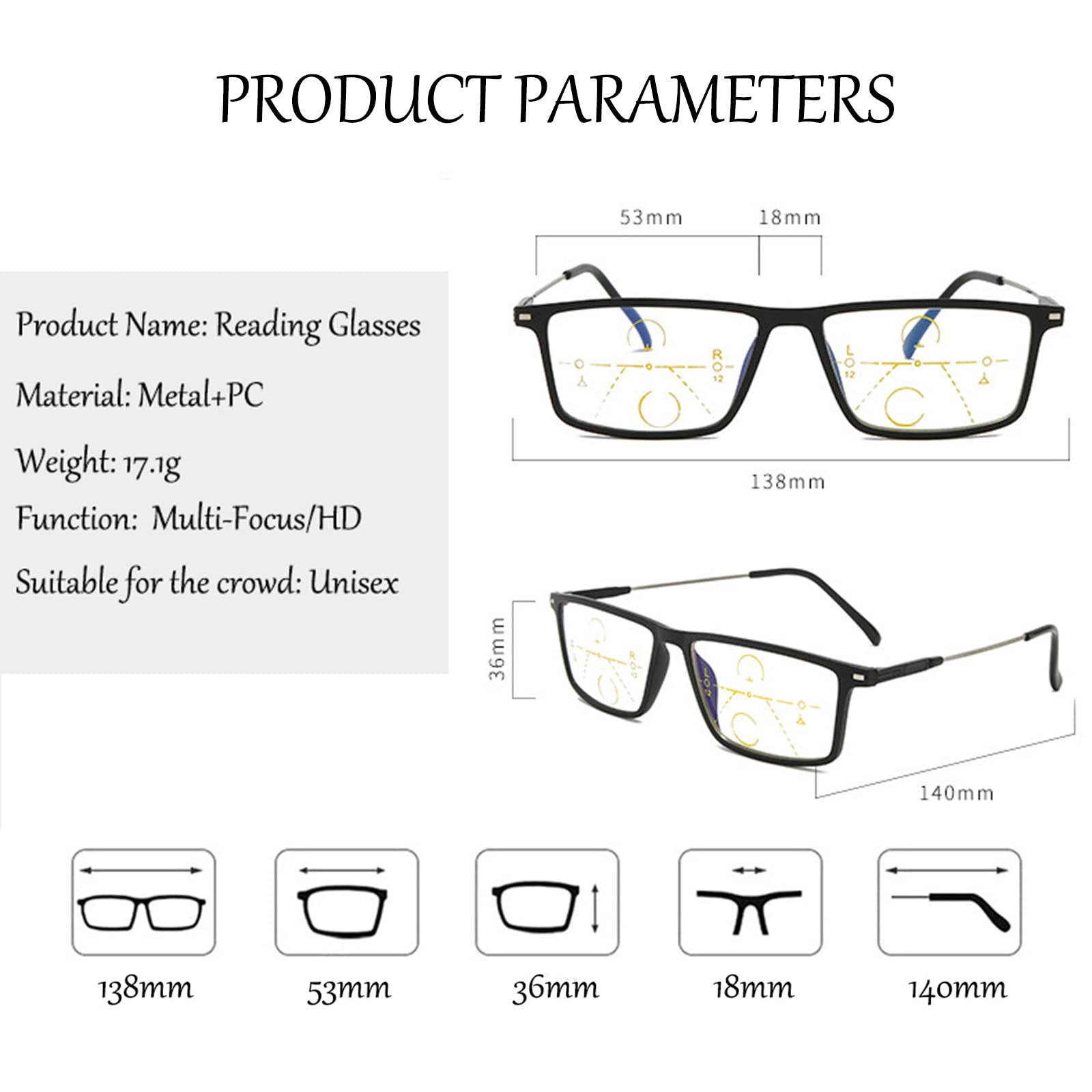 Gafas de Lectura cuadradas para Hombre, Lente HD multifoco progresiva, Memoria de Titanio, Lector de Ancianos Ultraligero +1,0 a + 3,0, Negro-+2,50